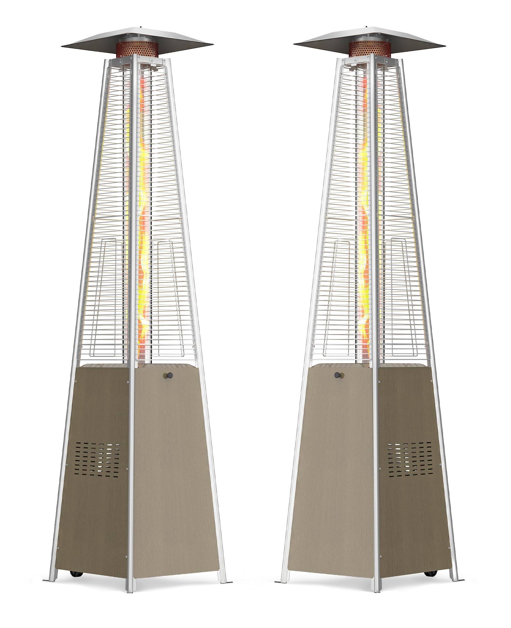 Front. HUGROVE - 89-Inch 48,000 BTU Outdoor Pyramid Patio Heater, Propane Heater Outdoor with Wood-Grain Finish for Patio Deck Backyard - 2 Khaki Heaters.