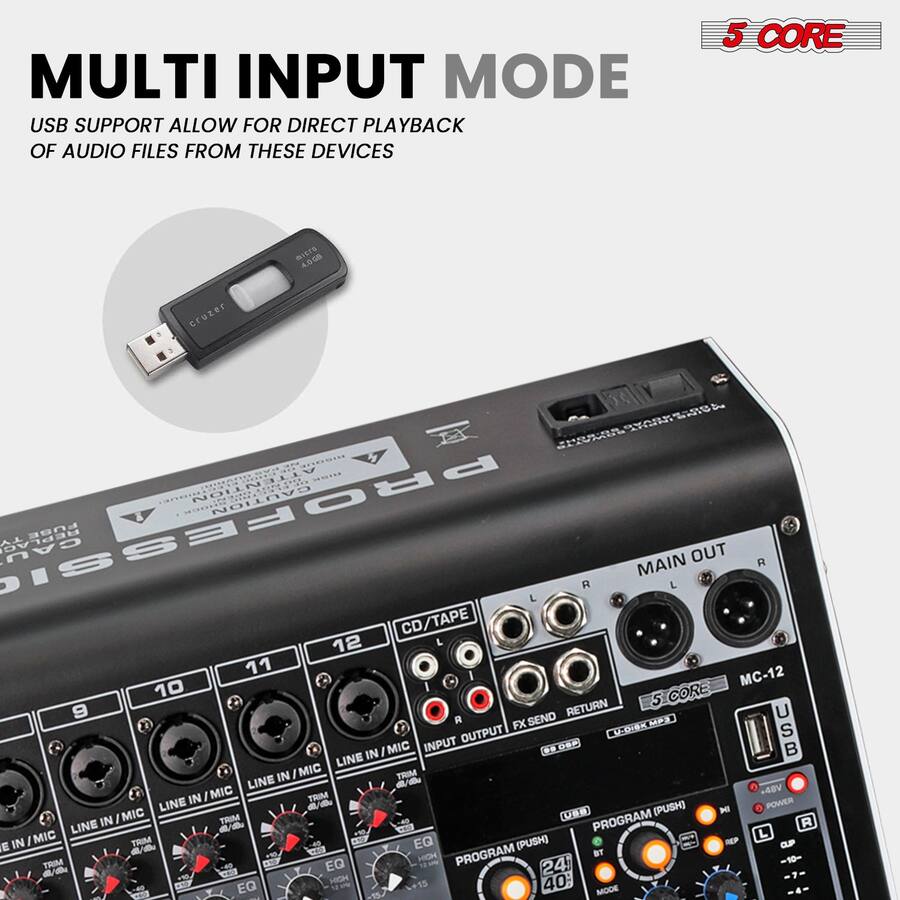 5 CORE Audio Mixer 12 Channel DJ Soundboard USB Interface Bluetooth ...