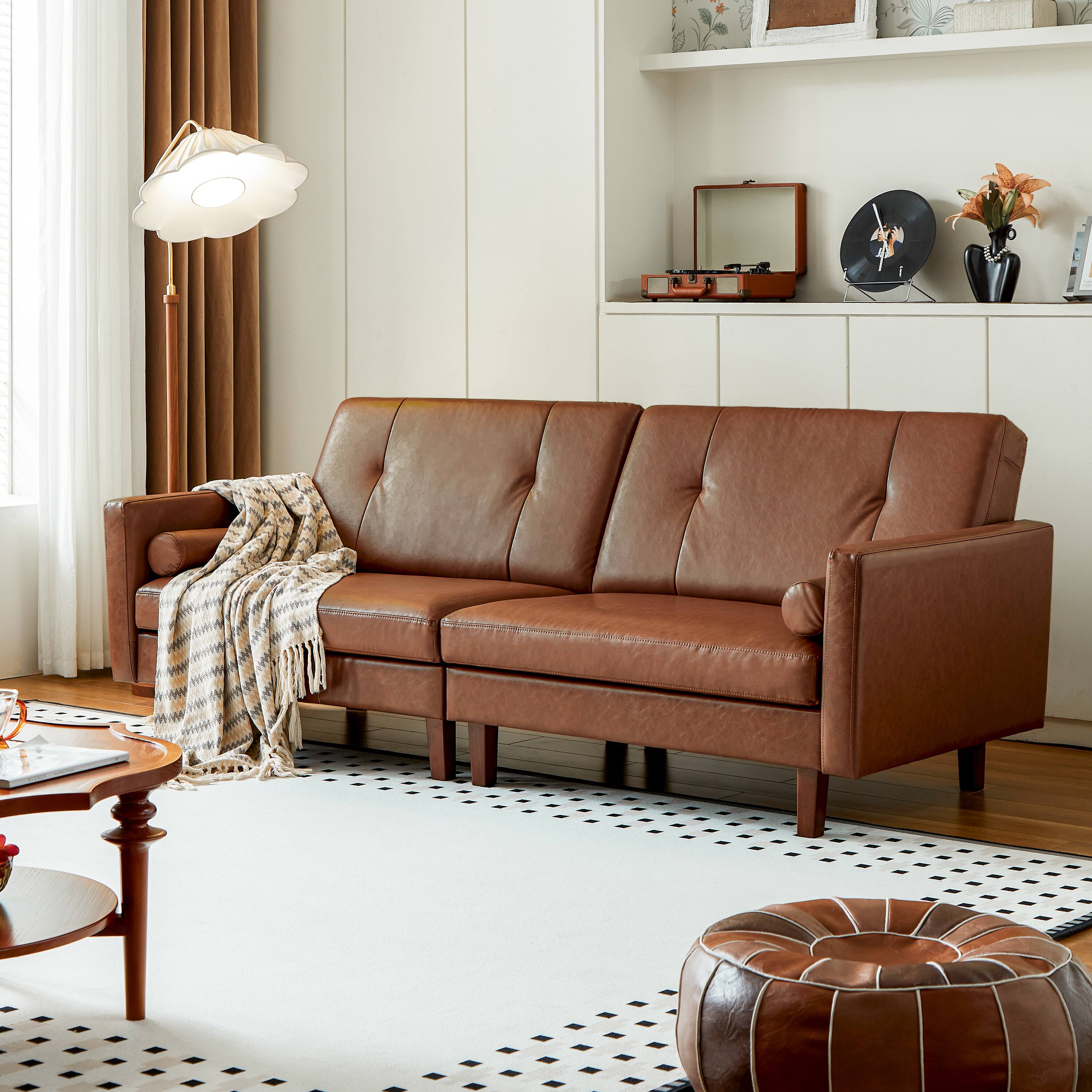 Front. MSOOB - 86 Inch Leather Sofa, Mid-century Modern Upholstered Sectional Couch Retro Luxurious Loveseat For Living Room Bedroom - Brown.