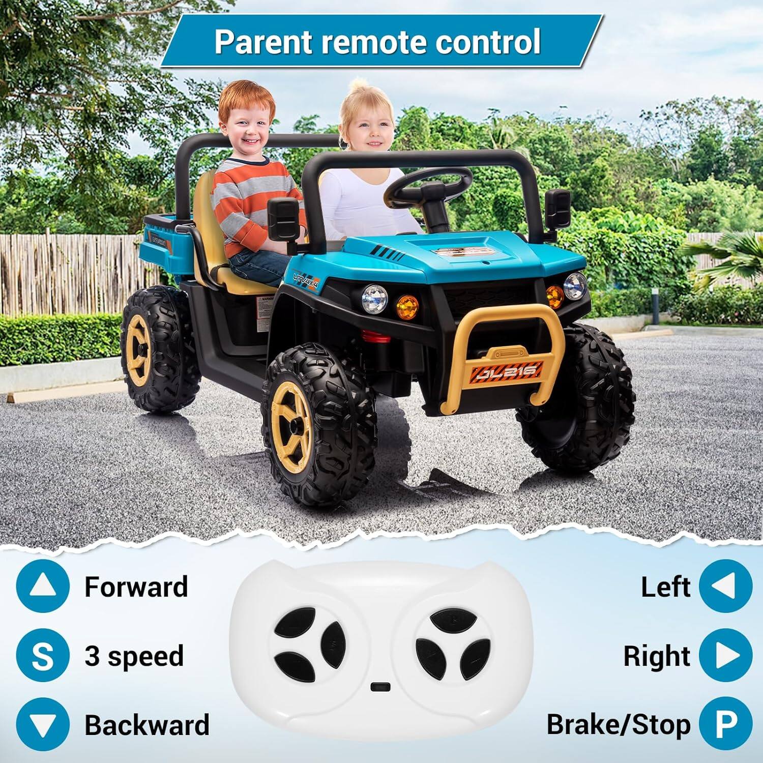 Parent remote control

- Forward
- 3 speed
- Backward
- Left
- Right
- Brake/Stop