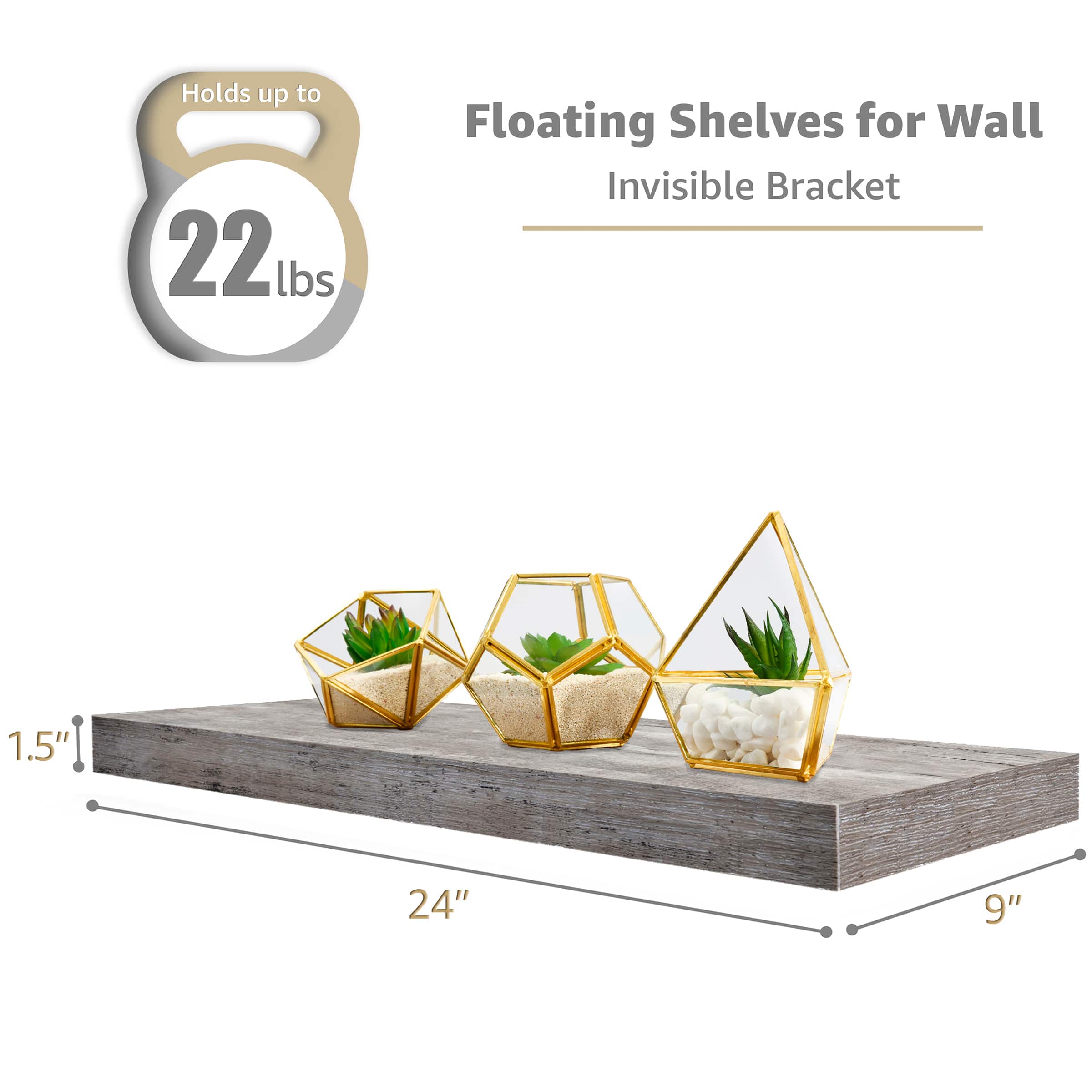 Holds up to 22 lbs Floating Shelves for Wall Invisible Bracket 1.5" 24" 9"