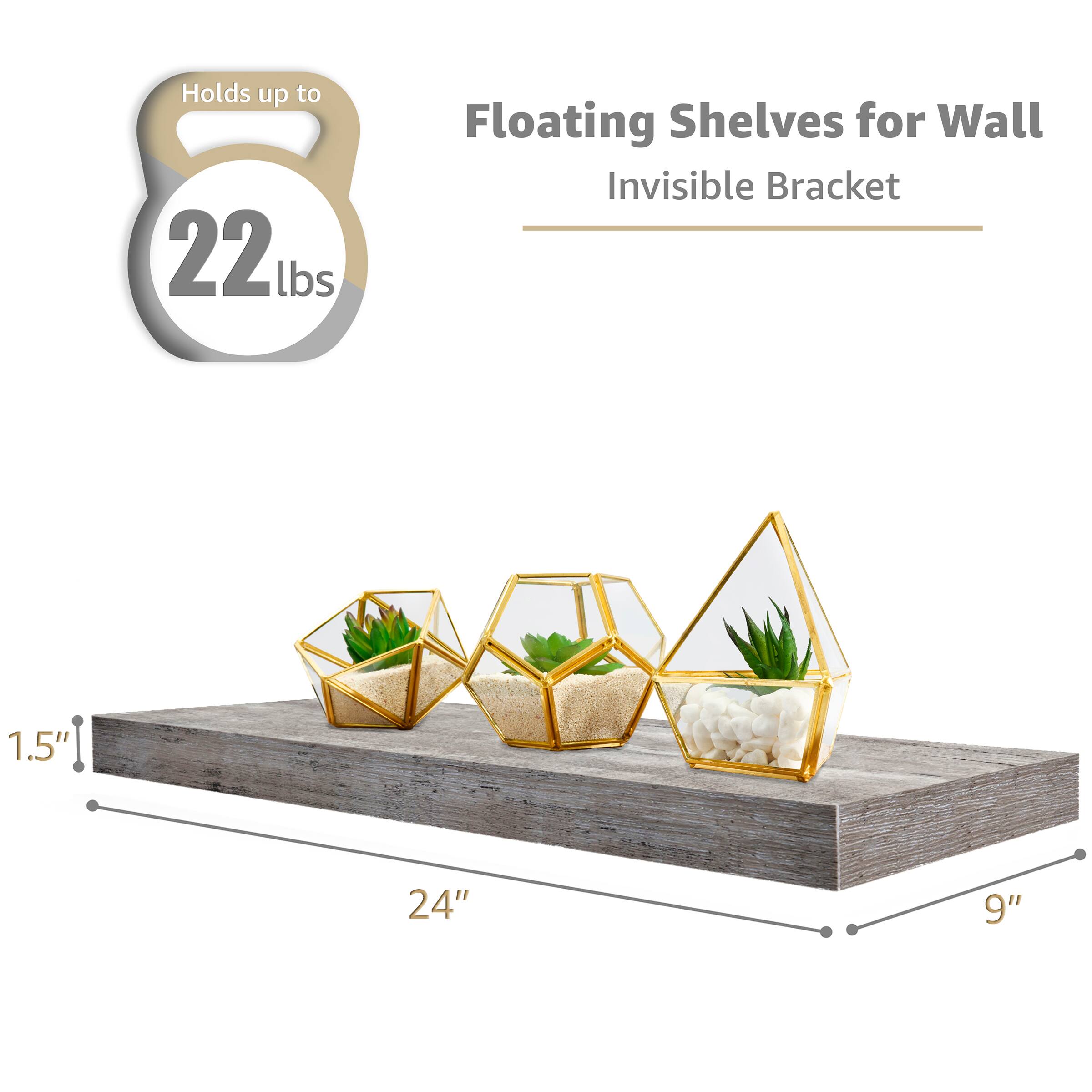 Holds up to 22 lbs Floating Shelves for Wall Invisible Bracket 1.5" 24" 9"