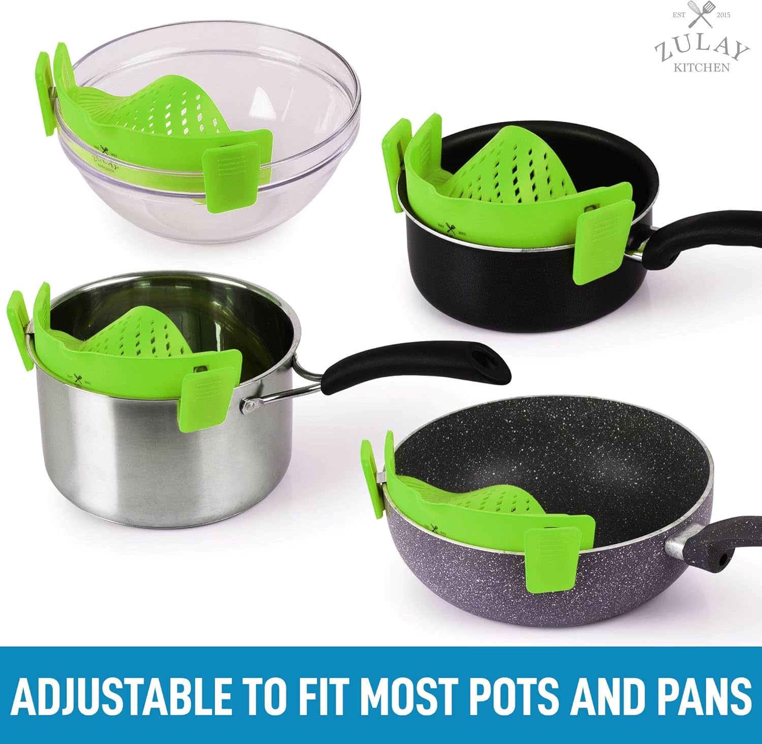 Zulay Kitchen - Silicone Pot Strainer - Adjustable Snap On Strainer For Most Pans & Pots - Green - Thumbnail 2