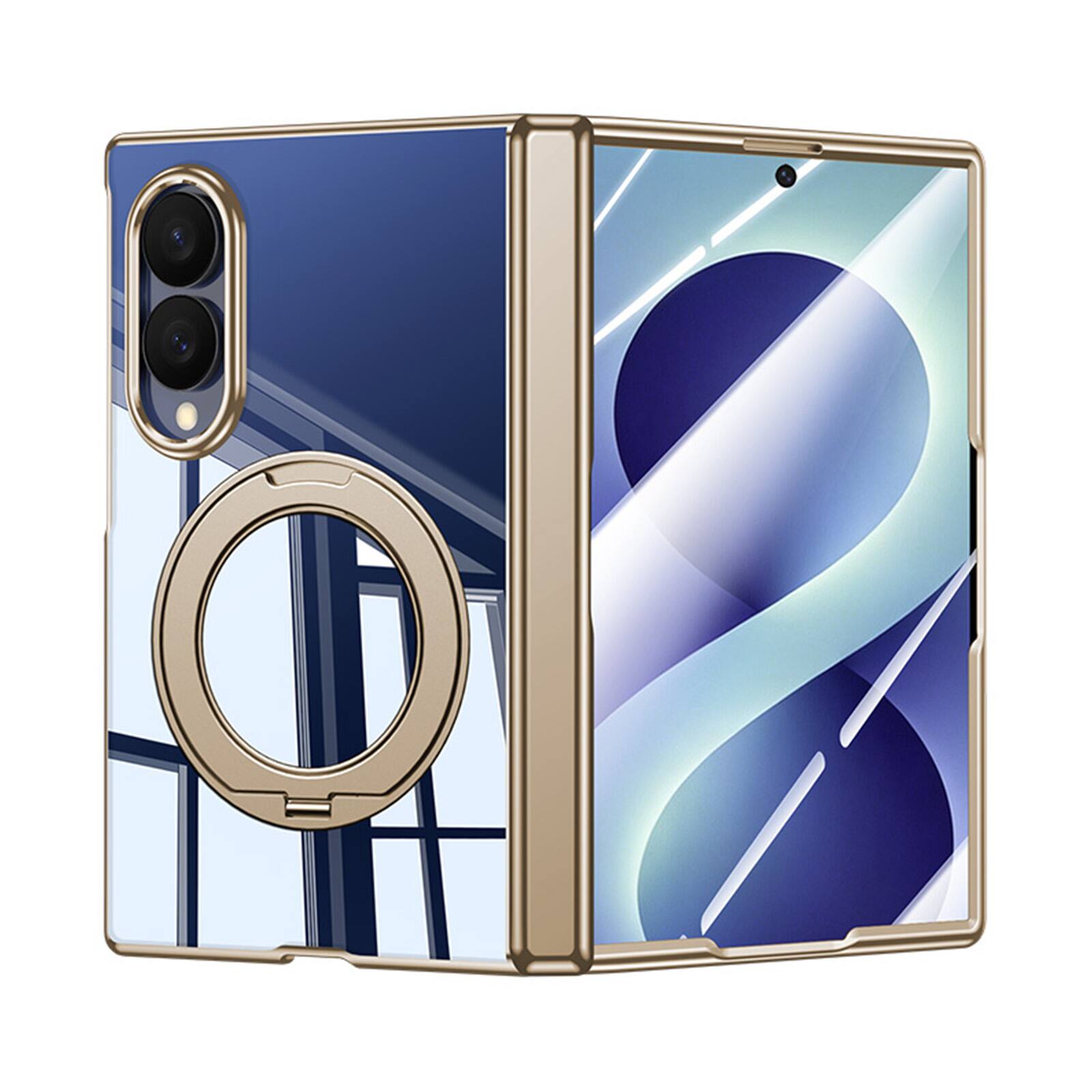 Angle. Dteck - For Samsung Galaxy Z Fold8 Clear Magnetic Case Ring Kickstand Shockproof Rugged Hinge Cover+Built-in Screen Protector - Gold(privcy film).