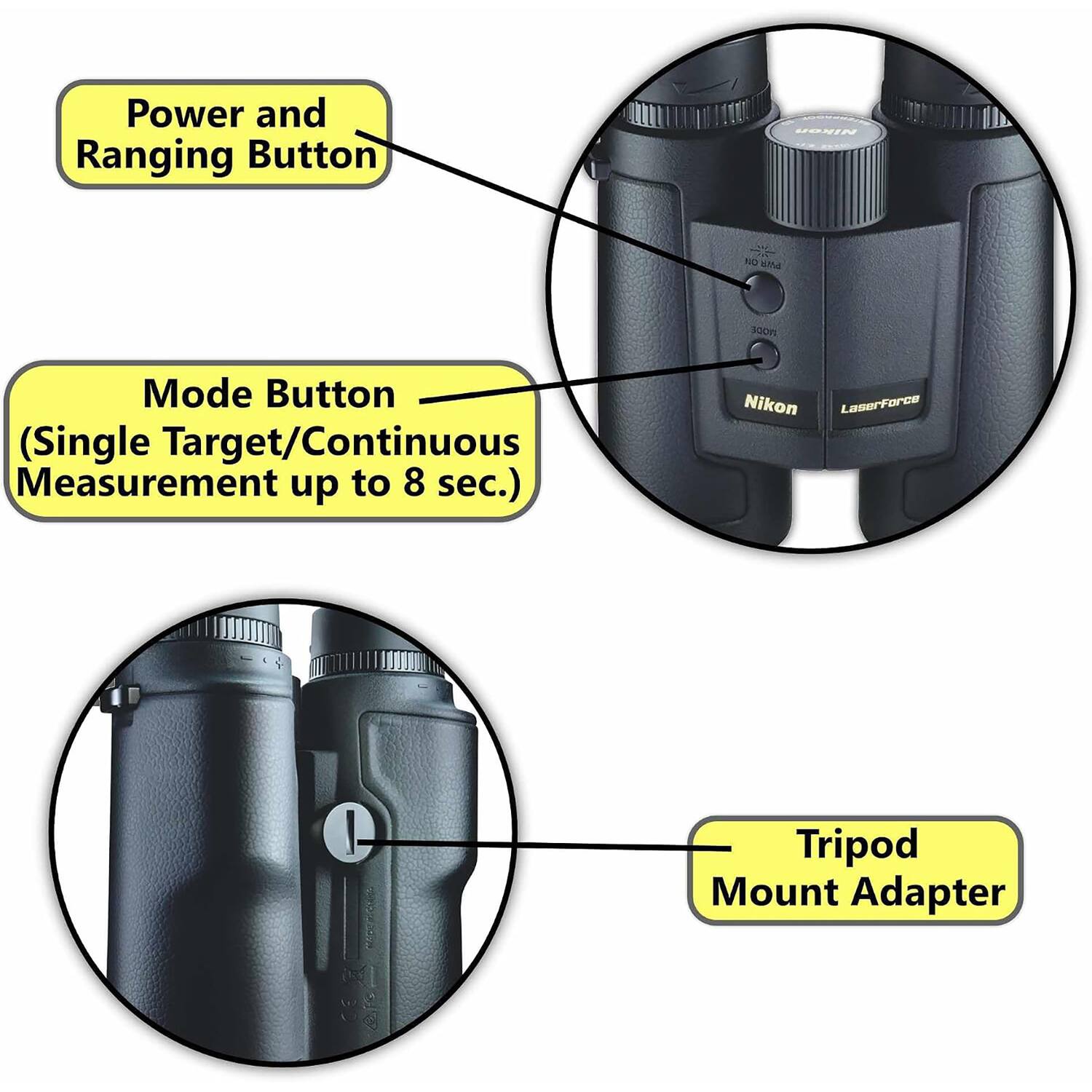 Power and Ranging Button  
Nikon  
NO PAR  
RODE  
Mode Button (Single Target/Continuous Measurement up to 8 sec.)  
Nikon LaserForce  
Tripod Mount Adapter