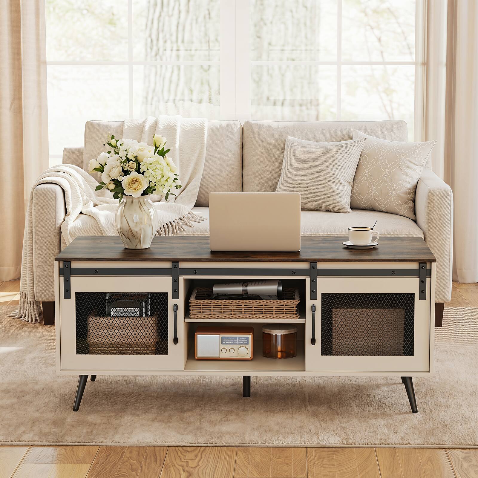 Alt View 3. Costway - Costway 48" Farmhouse Coffee Table with Sliding Doors Adjustable Shelf Storage Compartments - Rustic Brown + White.