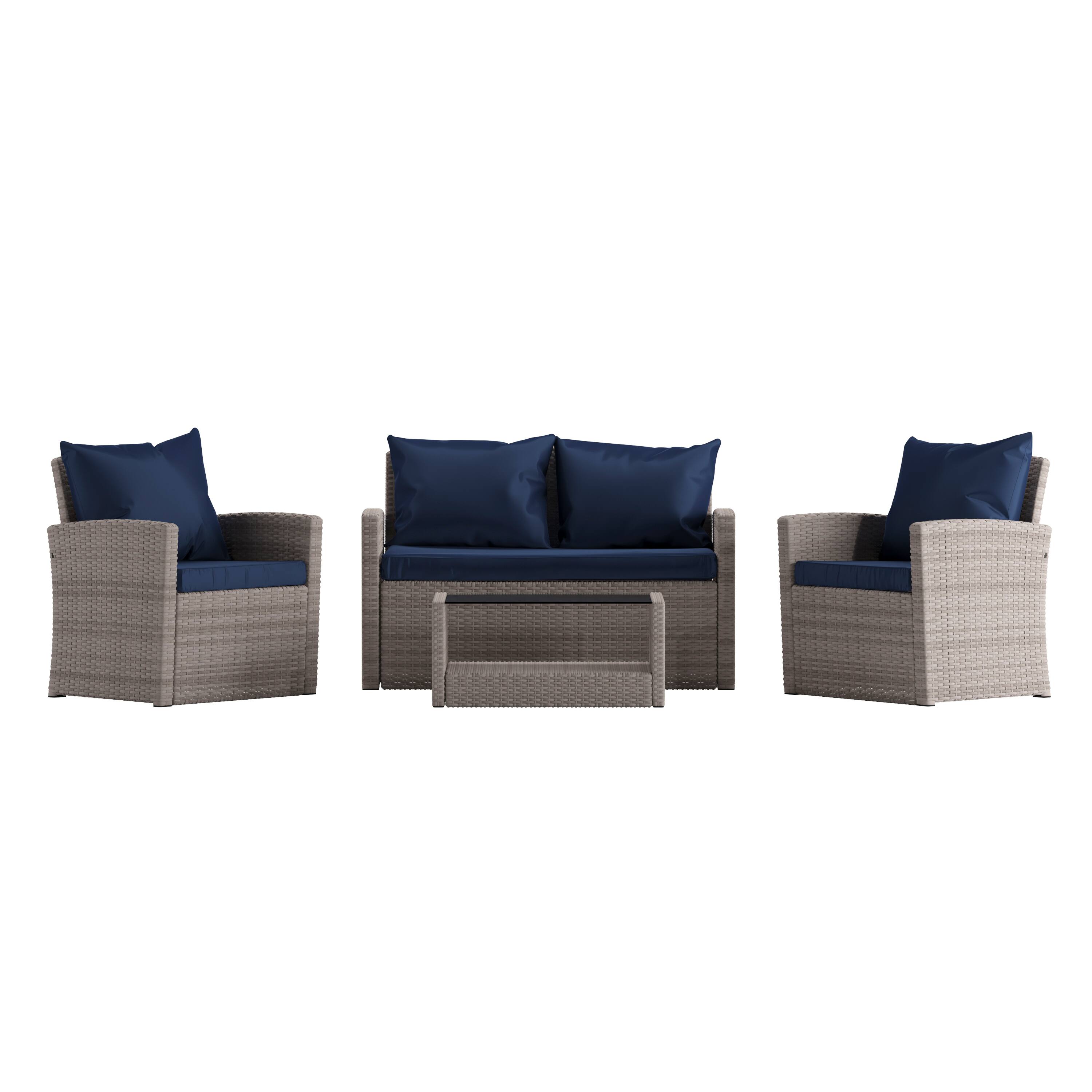 Alt View 10. Emma + Oliver - 4 Piece Patio Set with Gray Back Pillows & Seat Cushions - Outdoor Seating - Navy Cushions/Light Gray Frame.