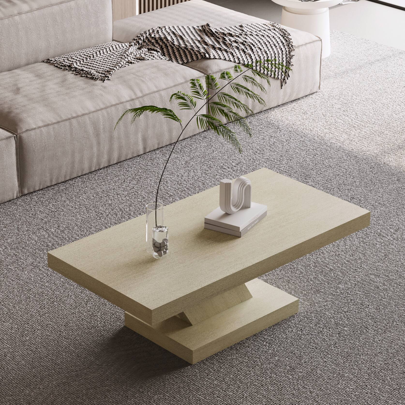 Back. Loheer - Loheer 47 Inch Modern Cross Leg Coffee Table Oak Wash Center Table Solid Wood Veneer X-Shape Living Room Furniture - Imitative Oak.