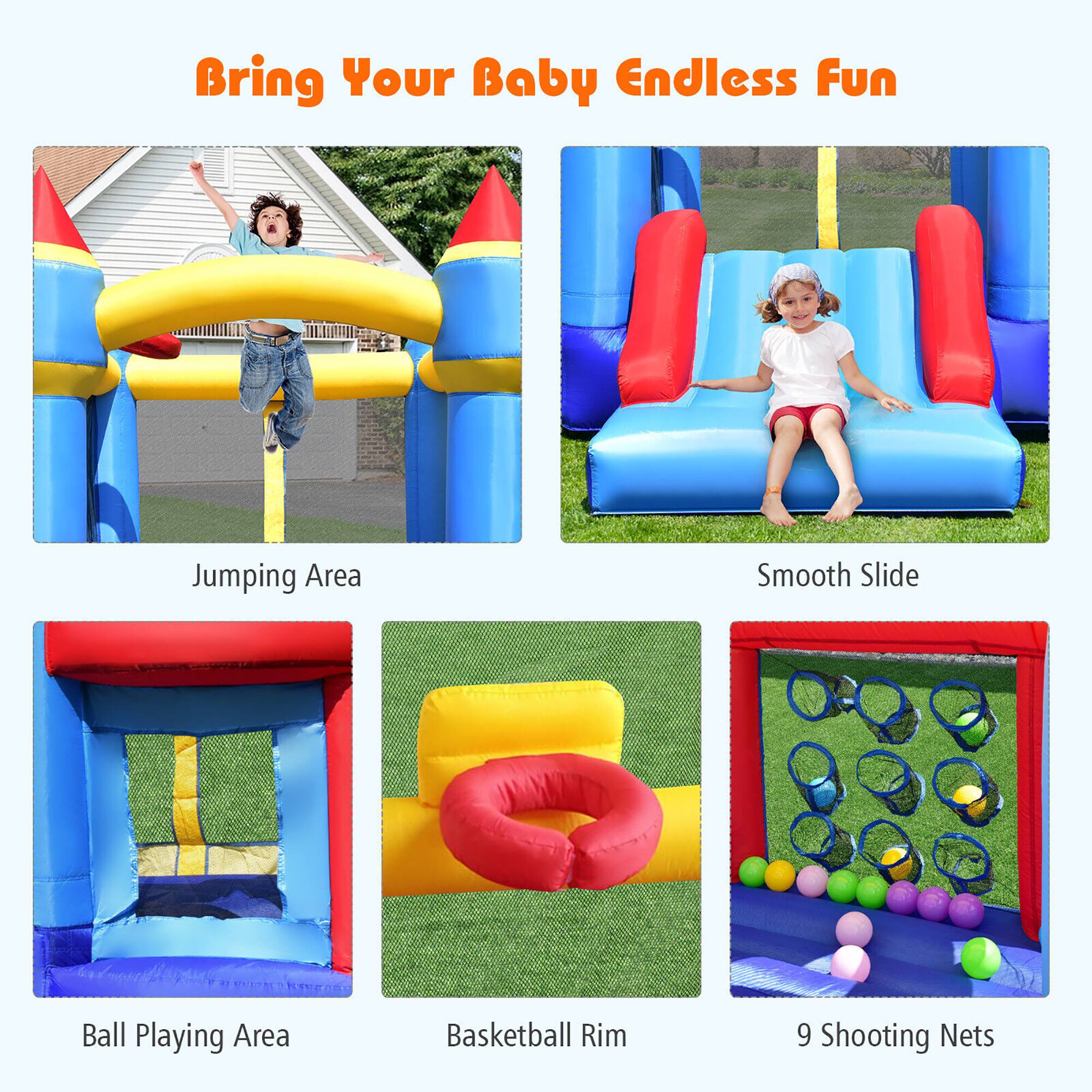 Bring Your Baby Endless Fun

- Jumping Area
- Smooth Slide
- Ball Playing Area
- Basketball Rim
- 9 Shooting Nets