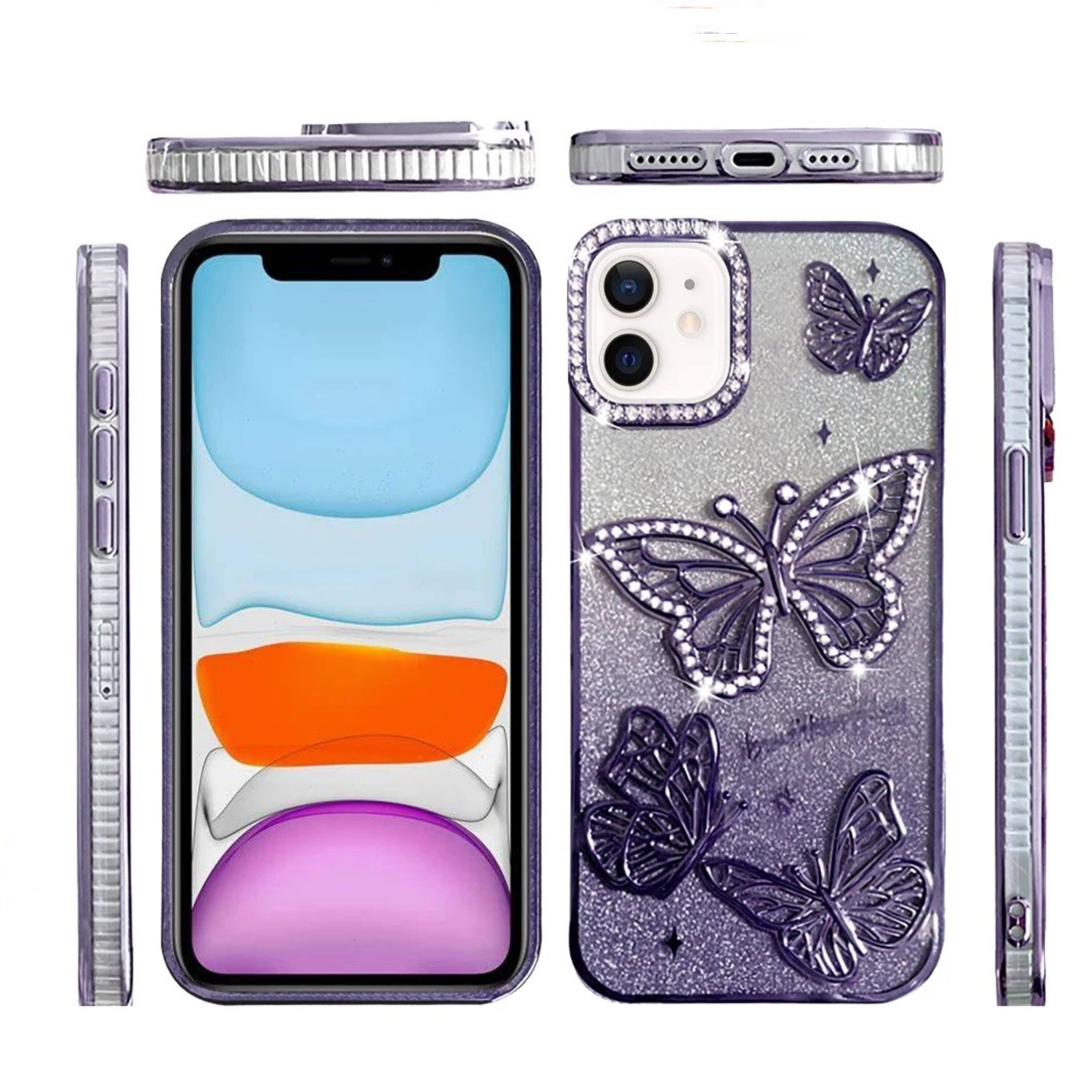 Angle. Kitcheniva - Bling Butterflies 3D Glitter Case With Tempered Glass For iPhone 11 6.1 Inch Purple - Purple.