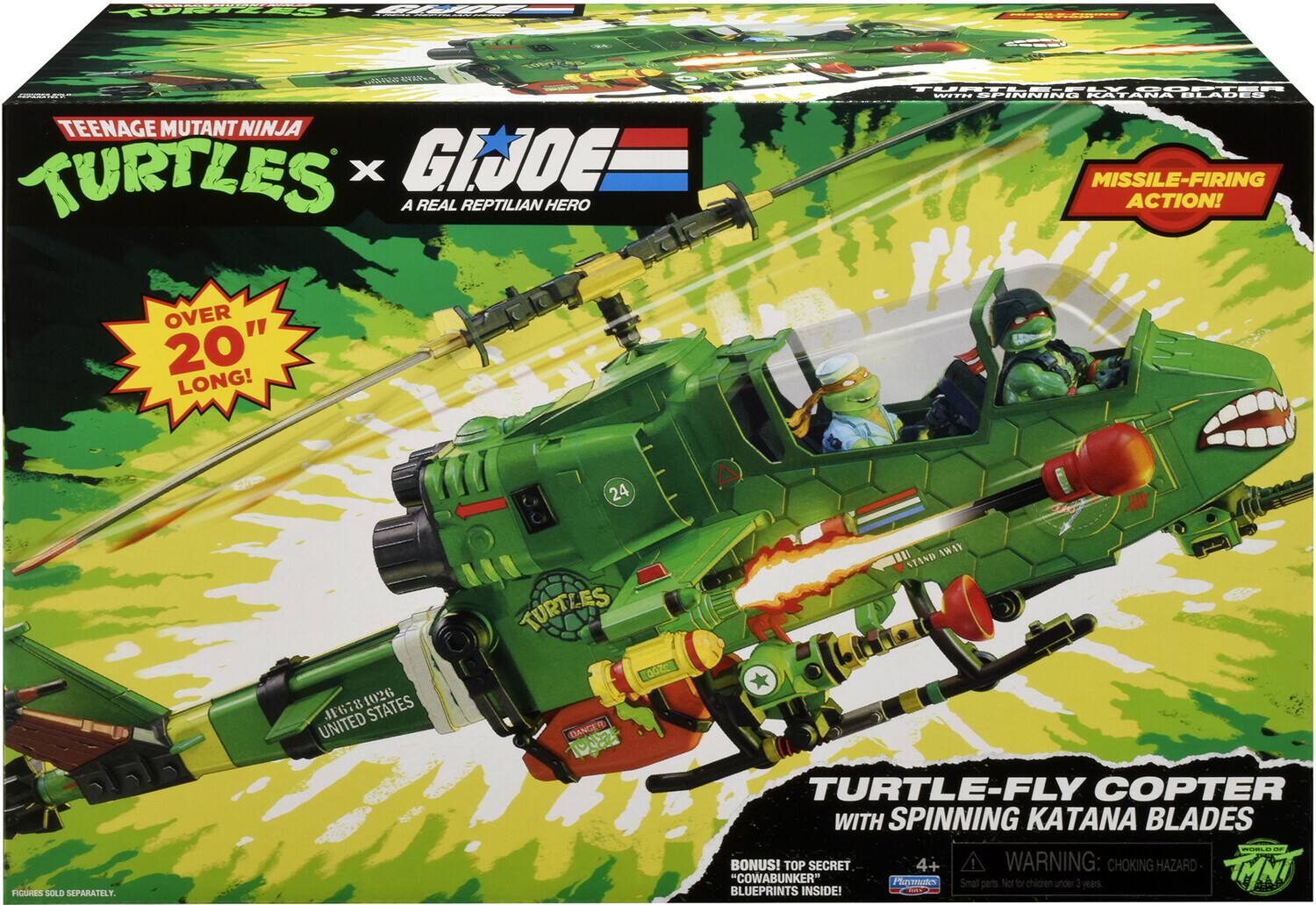 STATES SERVICE TEENAGE MUTANT NINJA TURTLES X GIJOE- A REAL REPTILIAN HERO

COPTER WITH SPINNING KATANA BLADES MISSILE-FIRING ACTION!
OVER 20" LONG!
24
FIGURES SOLD SEPARATELY.
1026 JF678 STATES UNITED
TURTLES 3200 DANGETD TONEY
AWAY STAND * TURTLE-FLY COPTER WITH SPINNING KATANA BLADES YOURS BONUS! TOP SECRET 4+ WARNING: CHOKING HAZARD "COWABUNKER" Playmates Small parts. Not for children under 3 years. MNI BLUEPRINTS INSIDE!