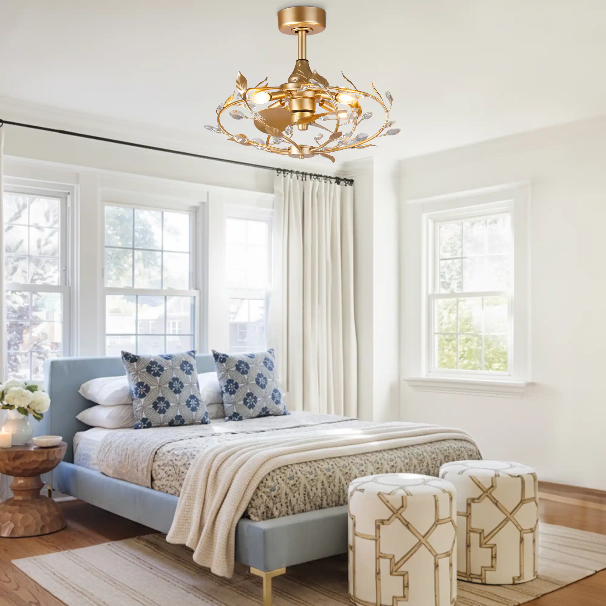 Left. Parrot Uncle - 24" French Elegant Gold Crystal Leaf Fandelier Ceiling Fan with Remote - Gold.