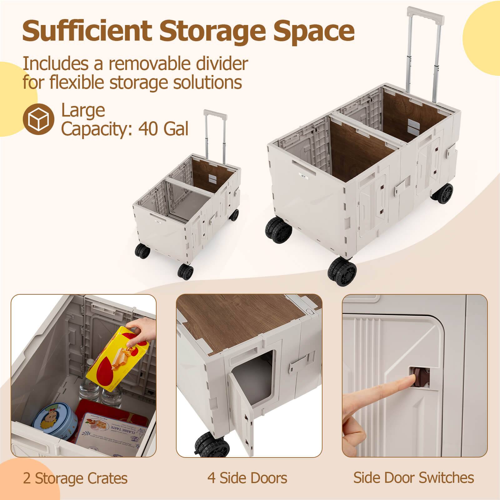 Sufficient Storage Space

Includes a removable divider for flexible storage solutions

Large Capacity: 40 Gal

2 Storage Crates

4 Side Doors

Side Door Switches