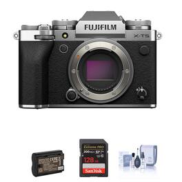 Bundle - Fujifilm - X-T5 Mirrorless Camera, Silver with 128GB SD Card, Extra Battery, Cleaning Kit
