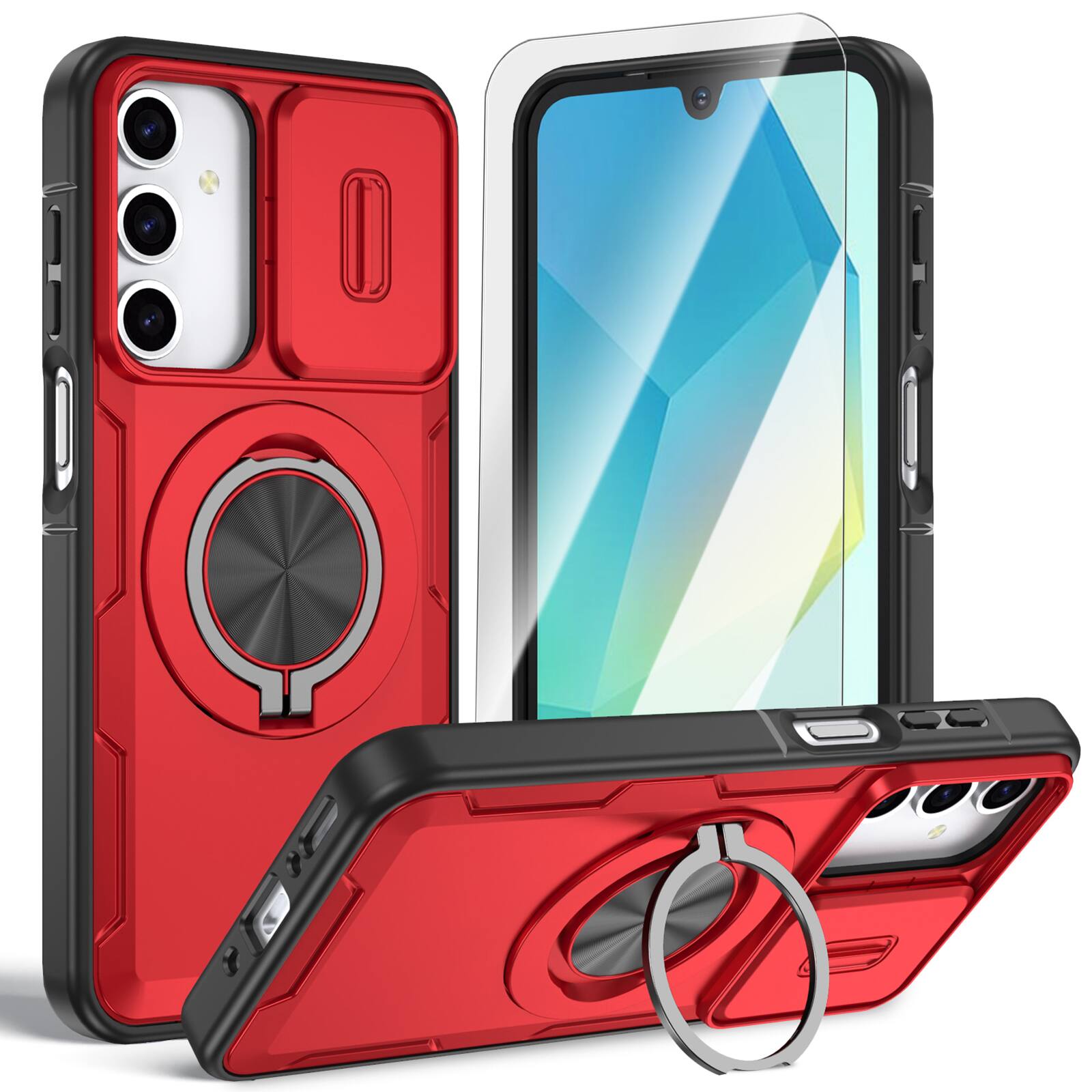Dteck - Rugged Magnetic Case for Samsung Galaxy A17 5G with Screen Protector, 360° Rotating Ring Stand Shockproof Cover - Red