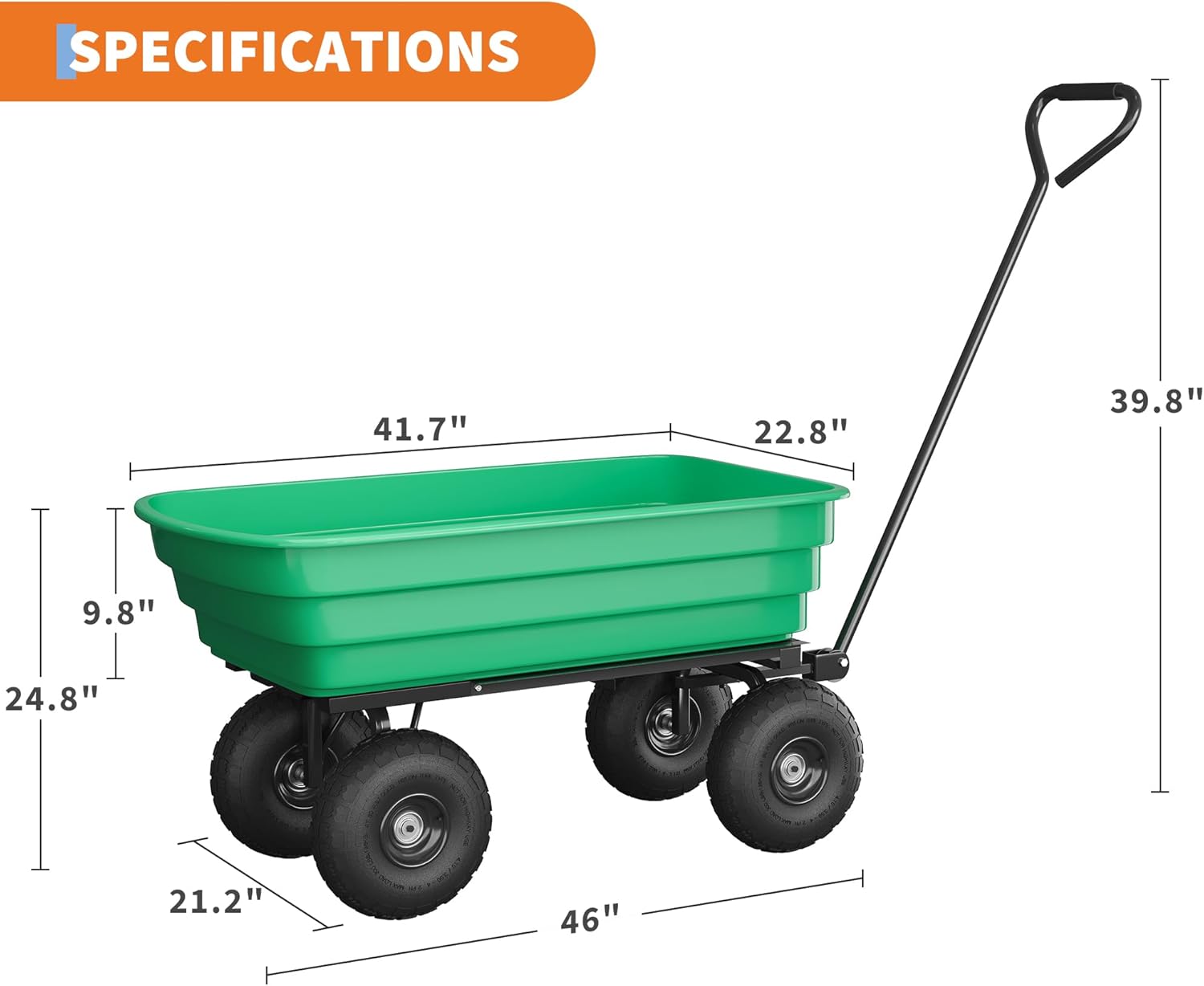 Sure, here are the specifications grouped and corrected:

- Length: 41.7"
- Width: 22.8"
- Height: 39.8"
- Depth: 9.8"
- Wheelbase: 24.8"
- Wheel Diameter: 21.2"
- Overall Length: 46"