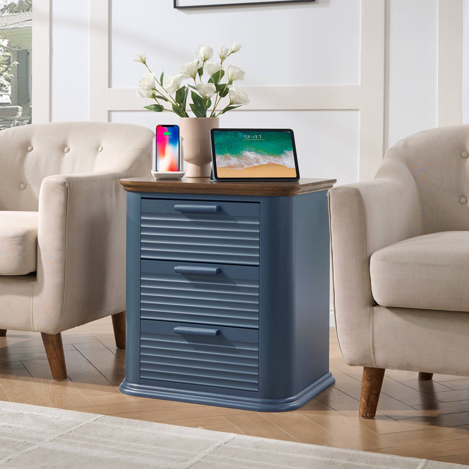 Alt View 2. Forest'nSky - Navy Blue Wood 3 drawer 22 in. Wide Chest of Drawers with Charging Station for Living Room - Navy Blue.