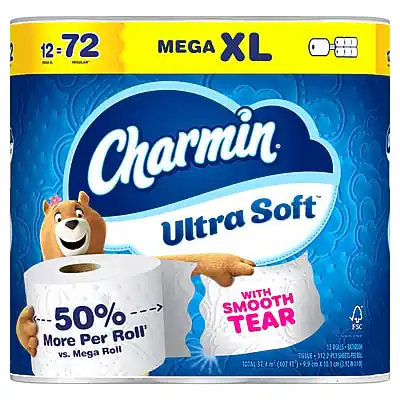 12 = 72 MEGA XL
Charmin Ultra Soft
50% More Per Roll vs. Mega Roll
With Smooth Tear
11 Rous Tissue
312 2-Ply
100A
37.4 m (077)
9 in
FSC