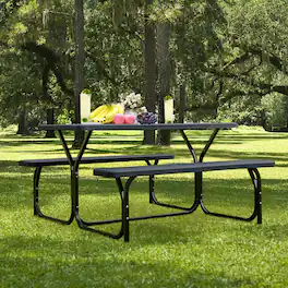 Mondawe - 72in Freestanding HDPE Picnic Table Set w/ Metal Base, Outdoor Dining Bench for Patio Garden, 1 Table 2 Benches - Black