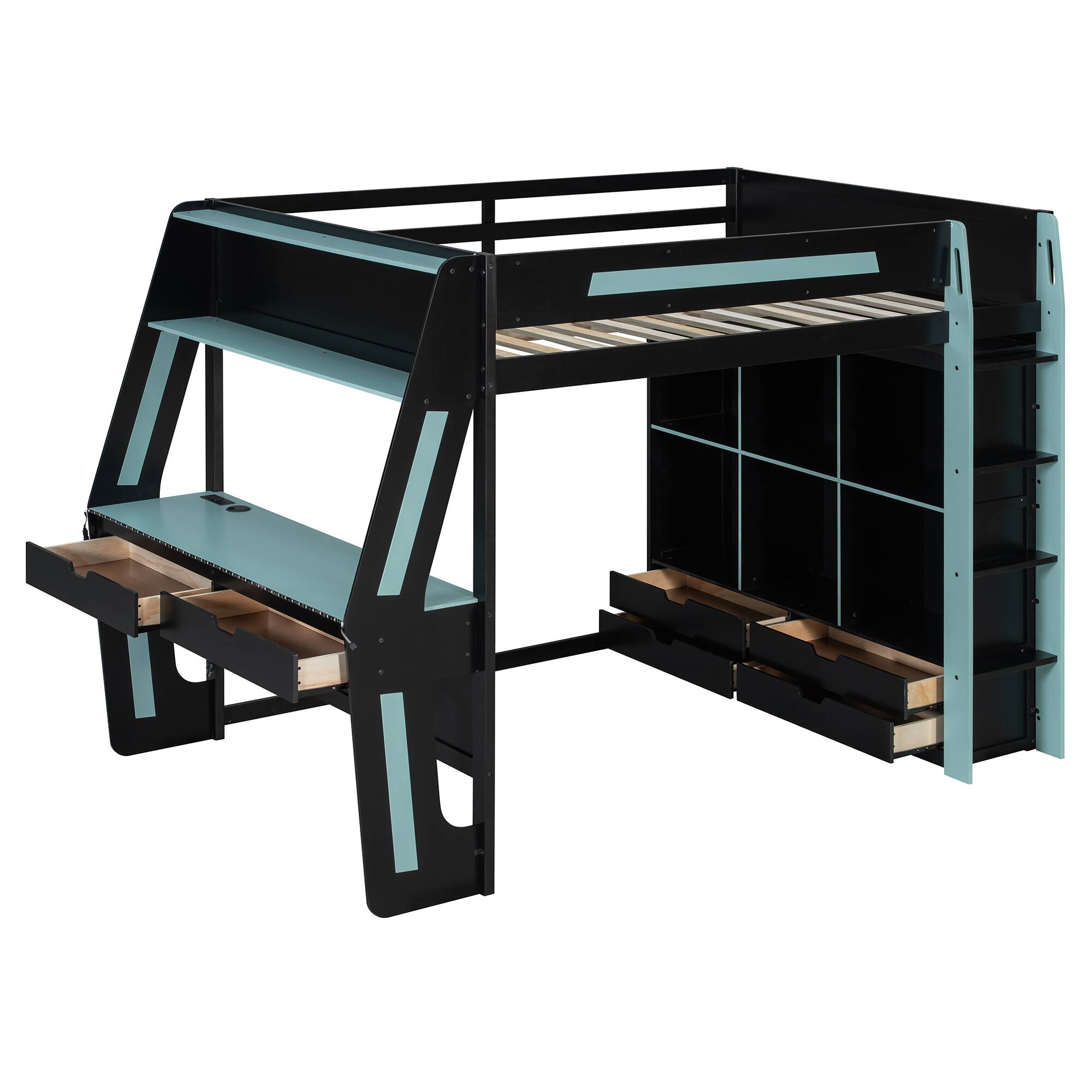 Back. Whisen - Full Size Gaming Loft Bed,Workstation Bed Frame with Built-in Desk,6 Storage Cubbies,USB Ports and RGB LED Lights - Black+Blue.