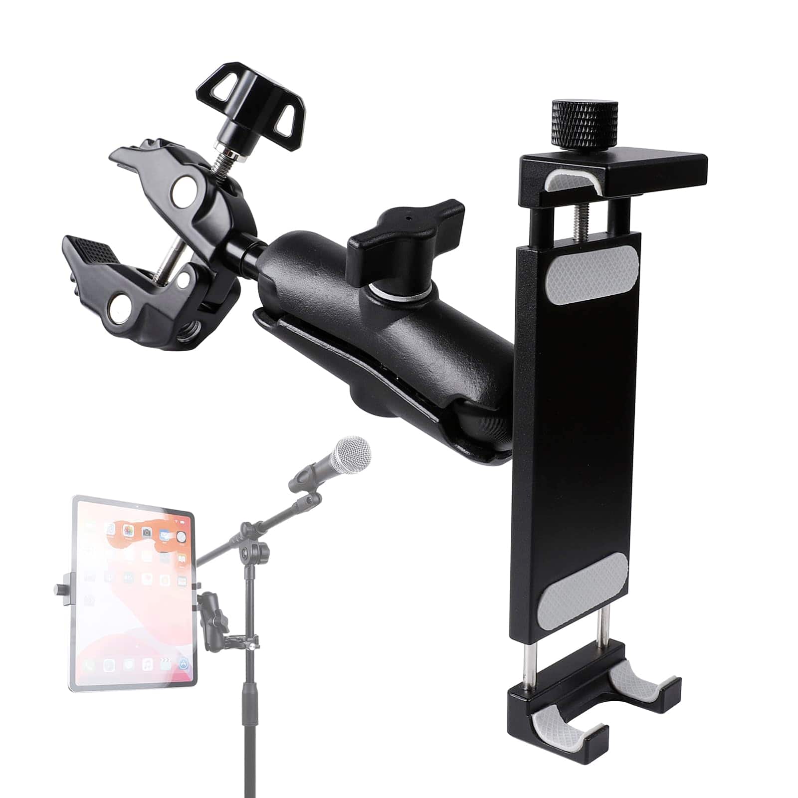 Fabibe - Aluminum Tablet Holder For Mic Stand Side Mount All Ipad 360 Rotatable With Super Clamp Compatible Pro 12.9 Air