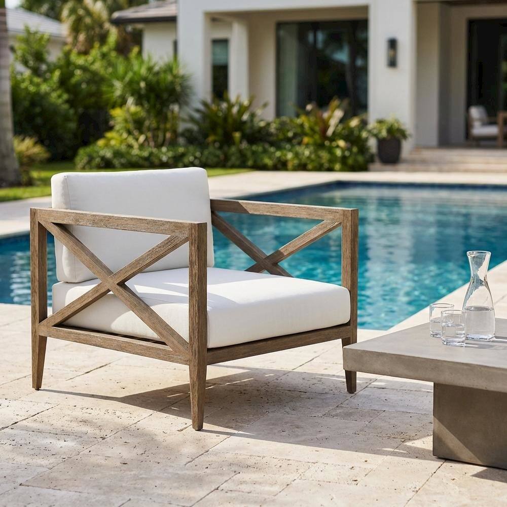 Left. Outdoor Escape - Teak Outdoor Patio Armchair With Wide Armrests And Durable Build - Gray.