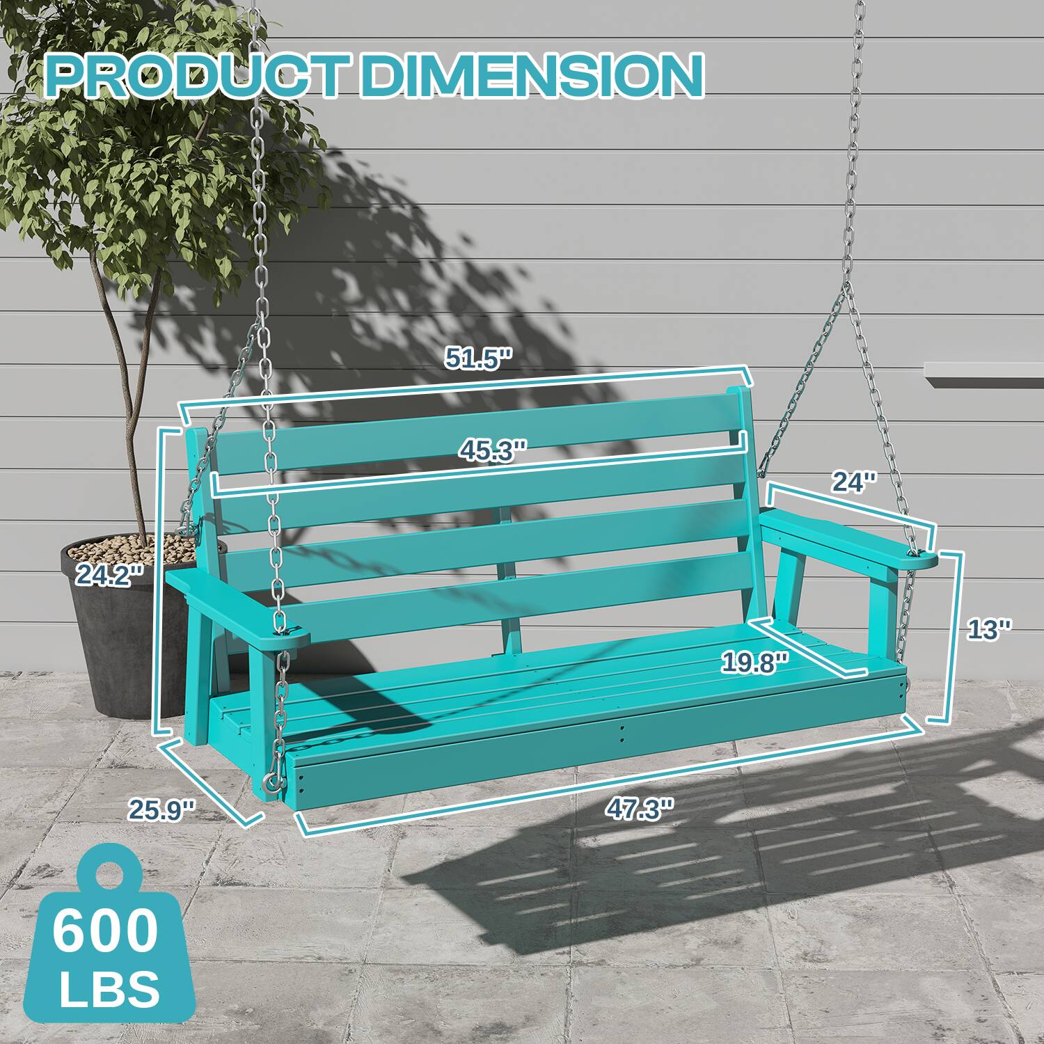 PRODUCT DIMENSION

- 51.5"
- 45.3"
- 24"
- 24.2"
- 19.8"
- 13"
- 25.9"
- 47.3"
- 600 LBS
