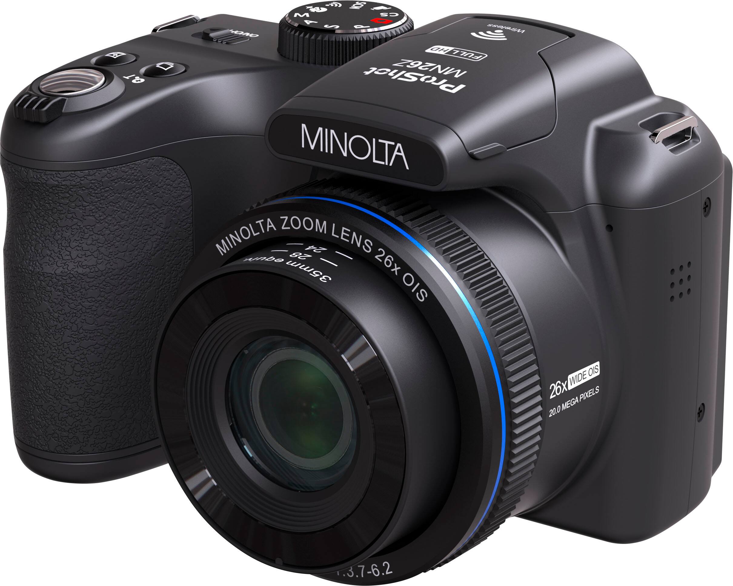 The image features a Minolta camera with a zoom lens. The camera has a 26x zoom lens, and it is equipped with an OIS (Optical Image Stabilization) feature. The lens has a wide 26x pixel range, making it suitable for capturing high-quality images. The camera is designed for professional use, as indicated by the ProShot label.