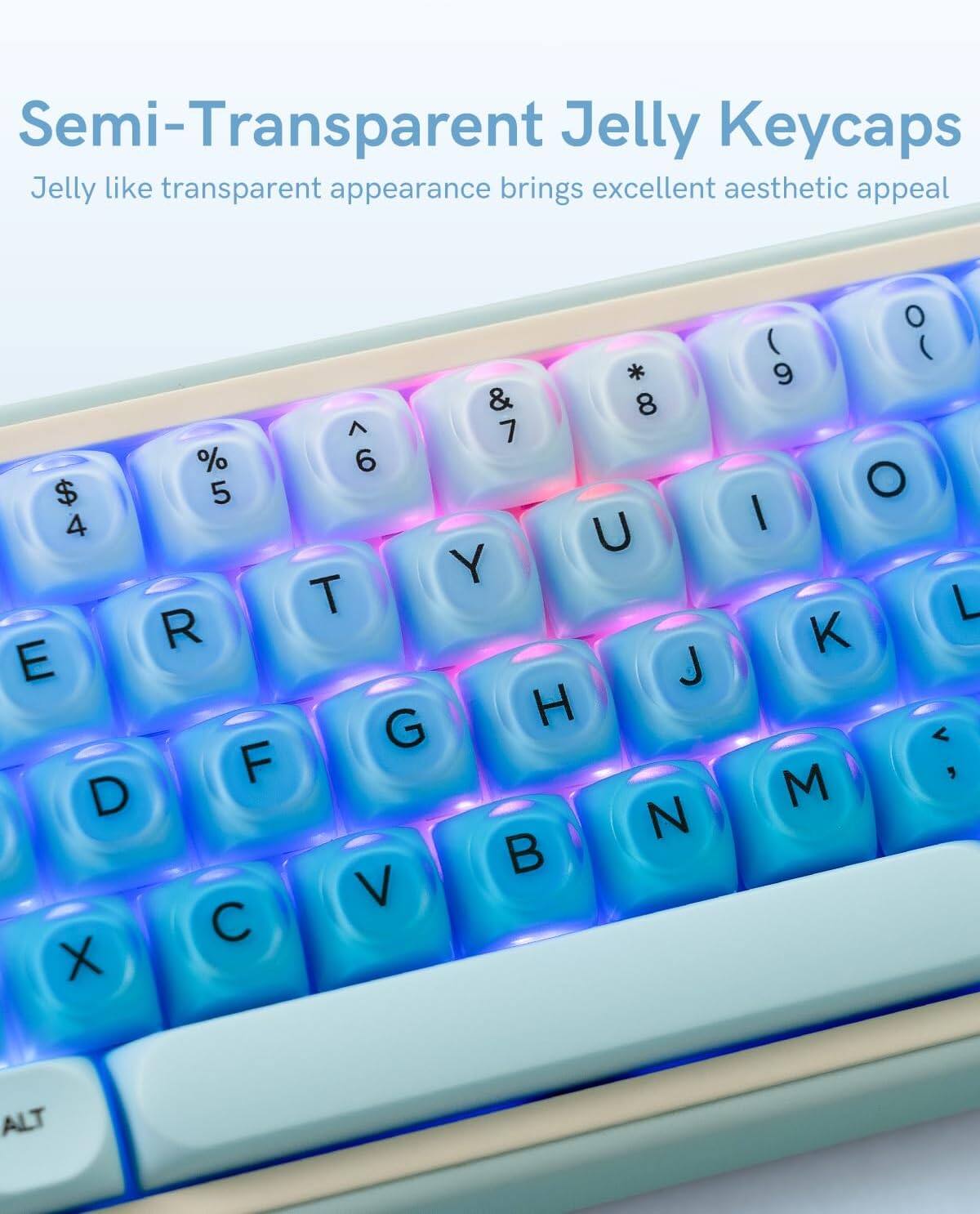 Semi-Transparent Jelly Keycaps  
Jelly like transparent appearance brings excellent aesthetic appeal  

& 7 8 9 0  
$ 4 5 6 ^  
% 3 2 1  
E R T Y U I O  
D F G H J K L  
C V B N M ,