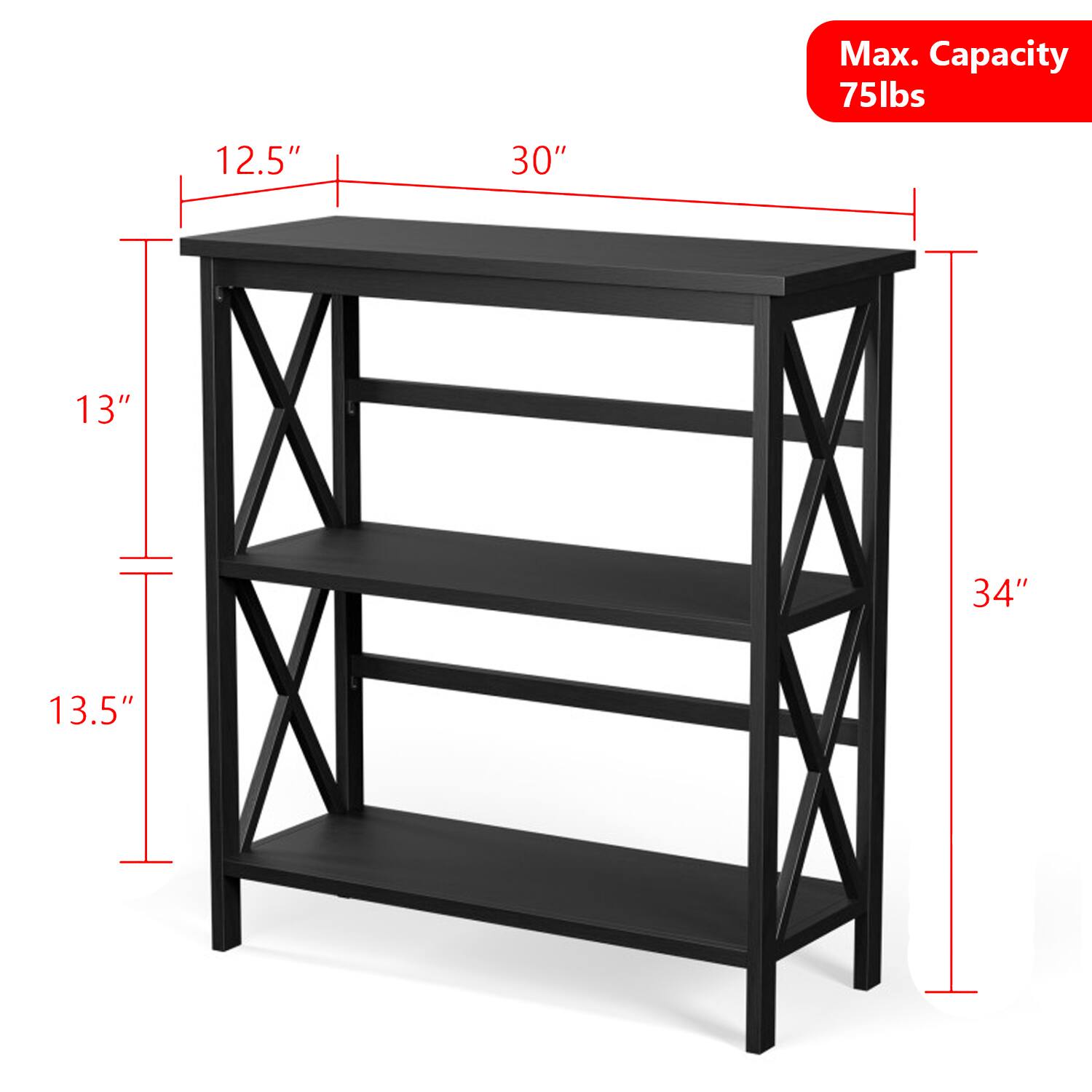 Max. Capacity 75lbs  
12.5" x 30" x 34"  
13" x 13.5"