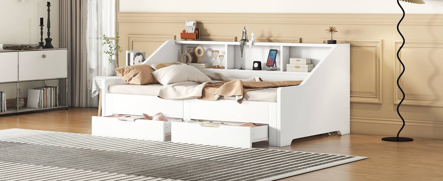 Alt View 5. Tiramisubest - Twin to King Size Daybed Frame with Storage Bookcases and Two Drawers,Charging Design,White - White.