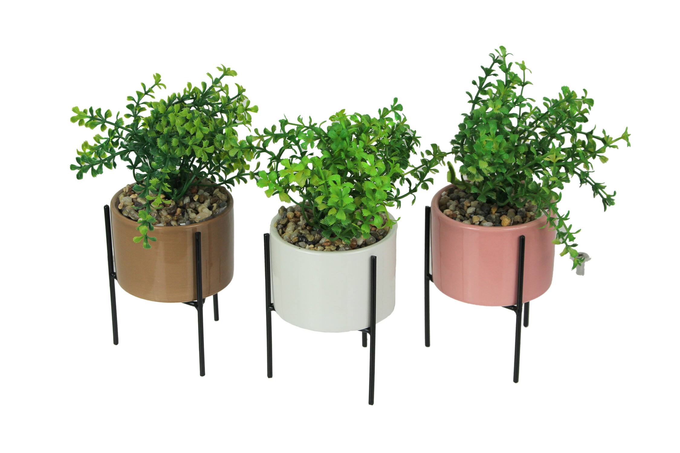 Front. Transpac - Set of 3 Artificial Potted Succulent Plants W/ Ceramic Planters And Metal Stands - Multicolored.