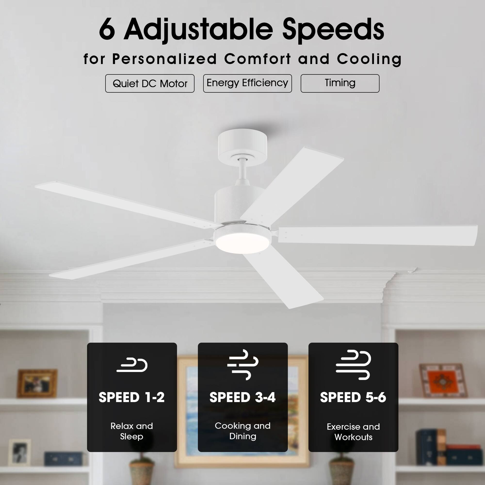6 Adjustable Speeds for Personalized Comfort and Cooling

- Quiet DC Motor
- Energy Efficiency
- Timing

SPEED 1-2  
Relax and Sleep

SPEED 3-4  
Cooking and Dining

SPEED 5-6  
Exercise and Workouts