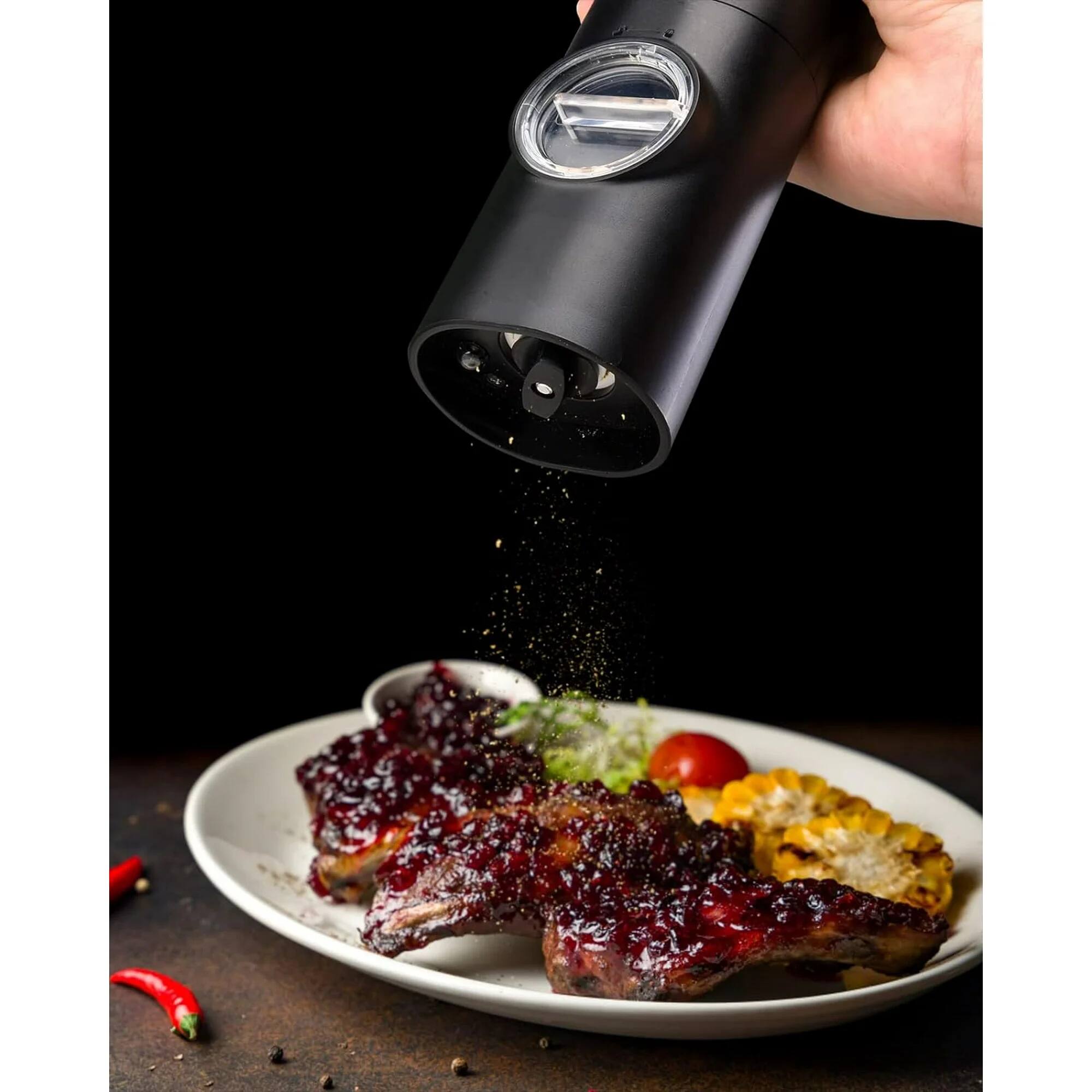 Back. MOVSSOU - Salt and Pepper Grinder Set Adjustable Coarseness Automatic Battery Powered - black.