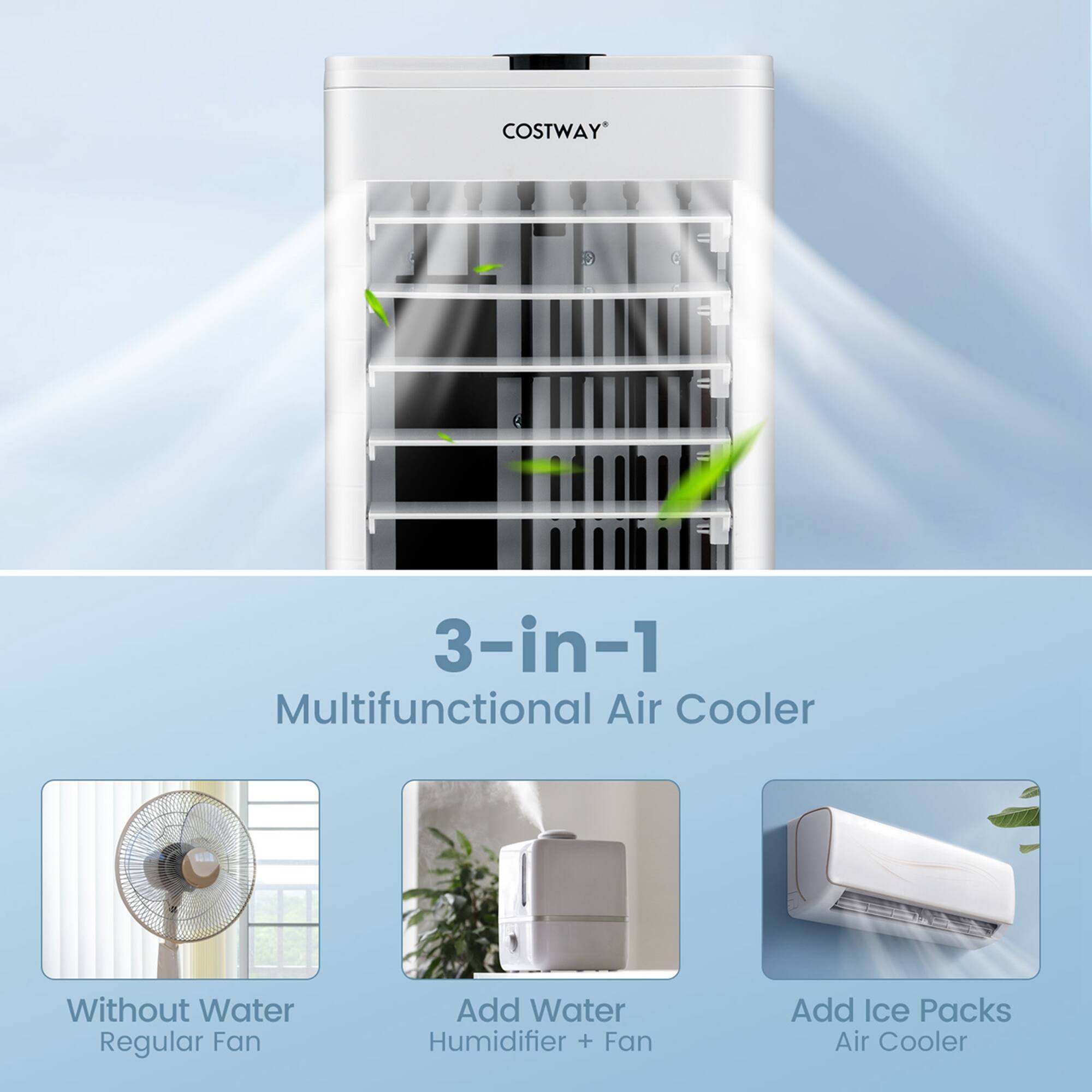 COSTWAY 3-in-1 Multifunctional Air Cooler Without Water Regular Fan Add Water Humidifier + Fan Add Ice Packs Air Cooler