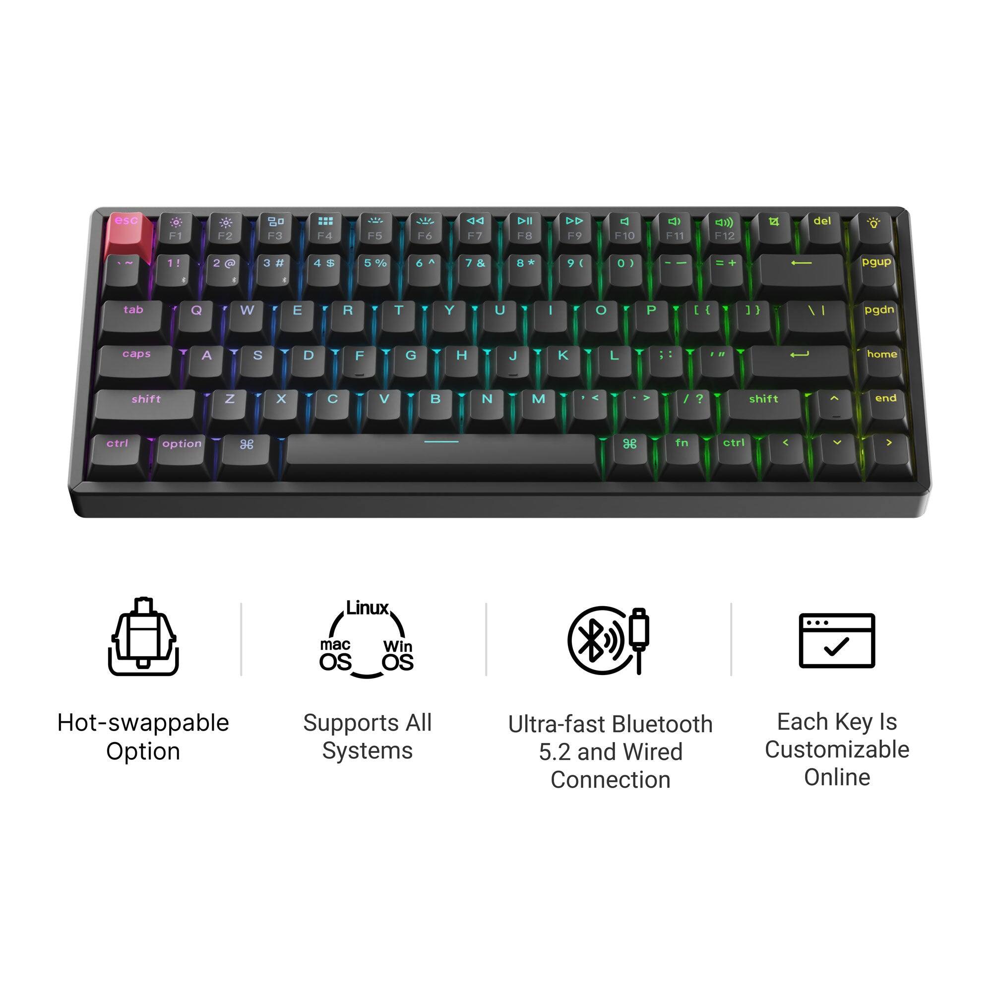 esc
F1
F2
F3
F4
F5
F6
F7
F8
F9
F10
F11
F12
del
1!
2 @
3#
4$
5%
6^
7 &
8*
90
0)
pgup

tab
Q
W
E
R
T
Y
U
I
O
P
pgdn
caps
A
S
D
F
G
H
J
K
L
home
shift
Z
X
C
V
B
N
M
shift
end
ctrl
option
fn
ctrl

Linux
mac OS
Win OS
Hot-swappable Supports All Option Systems
Ultra-fast Bluetooth Each Key Is 5.2 and Wired Customizable Connection Online