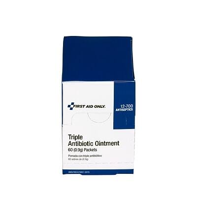 FIRST AID ONLY

12-700 ANTISEPTICS

Triple Antibiotic Ointment
60 (0.9g) Packets

Pomada con triple antibiótico
60 sobres de 0.9g

AMERICAN FAMILY PHARMACY