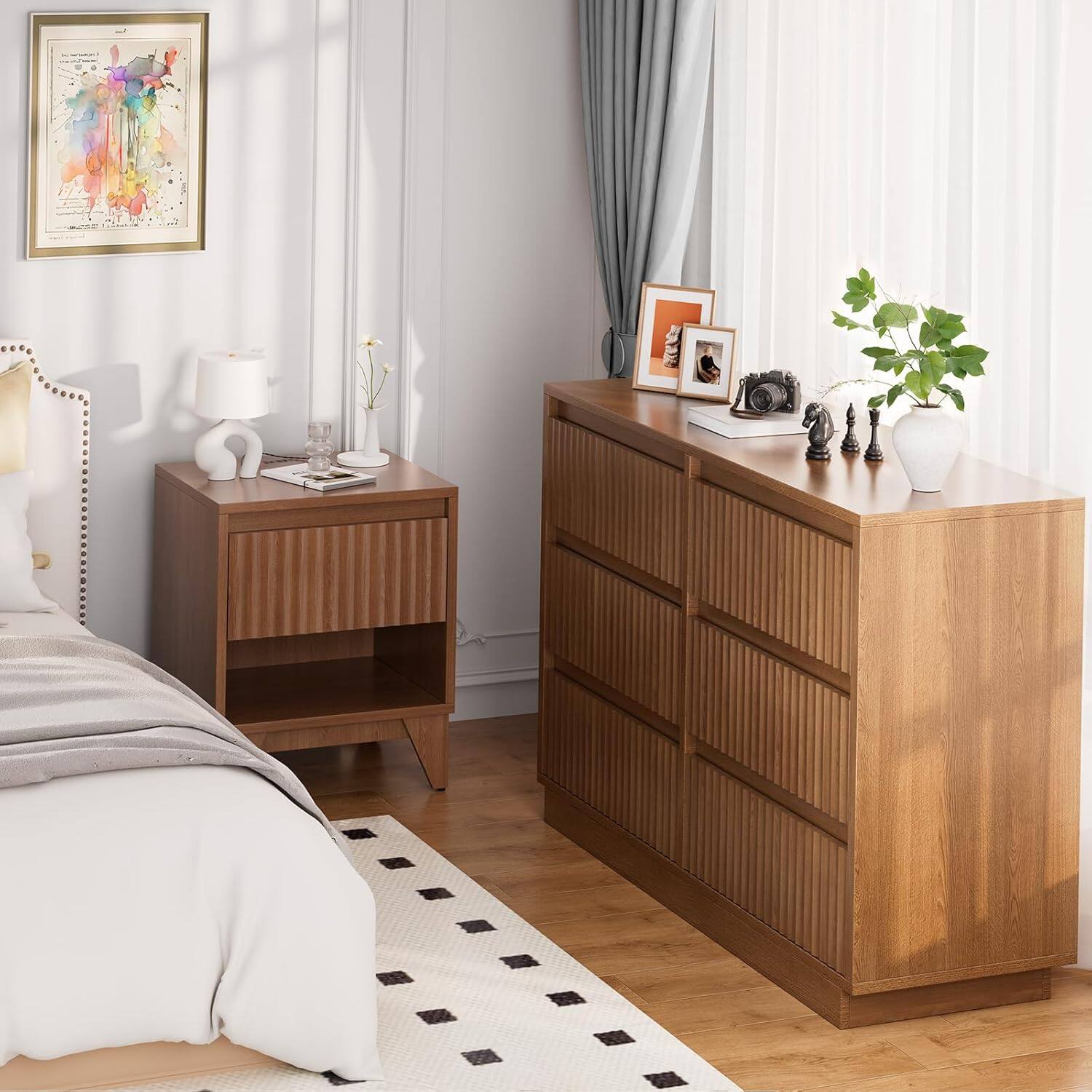 Left. Koligey - 6-Drawer Dresser 47"W Double Dresser With Waveform Fluted Panel - walnut.