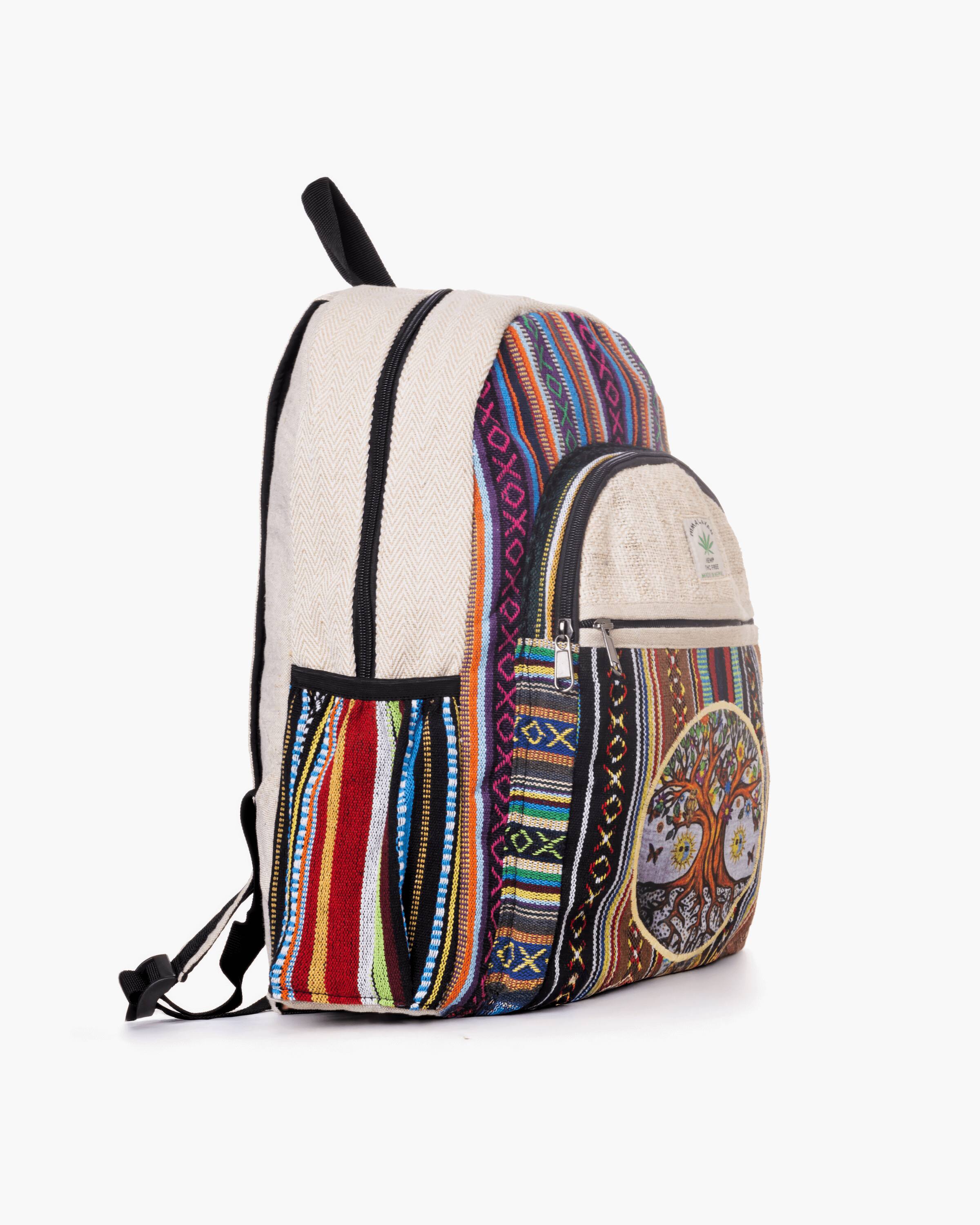 Angle. Kathmandu Collection - Handmade Cotton and Hemp Tree of Life Backpack - Multi.
