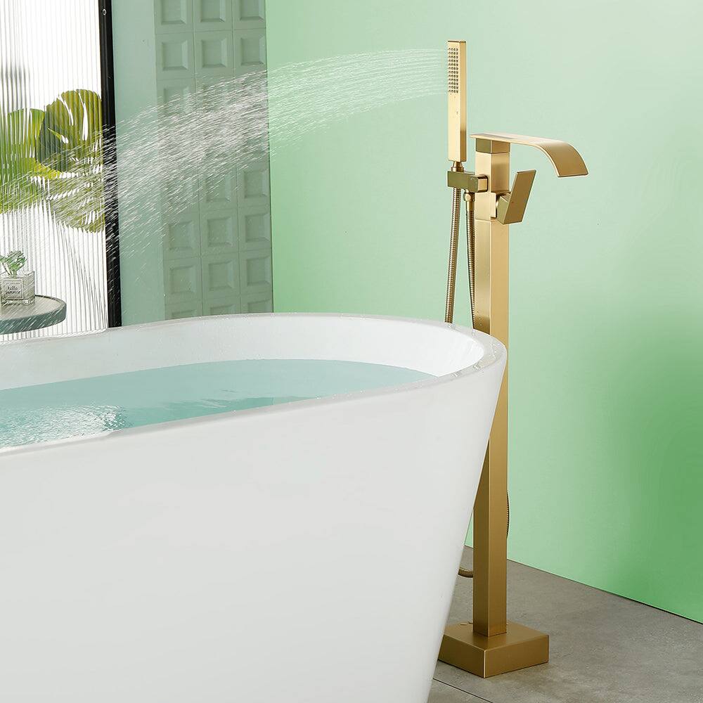 Alt View 3. Boyel Living - Brushed Gold Bathtub Faucet Dual Function 360 Degrees Rotatable 1.5m SUS304 Hose Independent Handles - Brushed Gold.