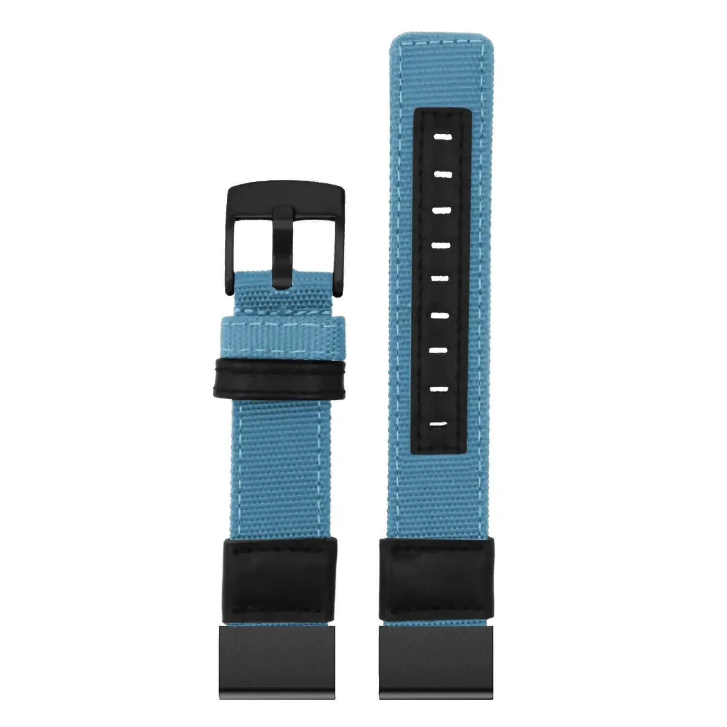 Left. StrapsCo - Rugged Canvas Band QuickFit 26 Watch Strap For Garmin D2 Mach 2 – 51mm (Extra Long) - Light Blue.