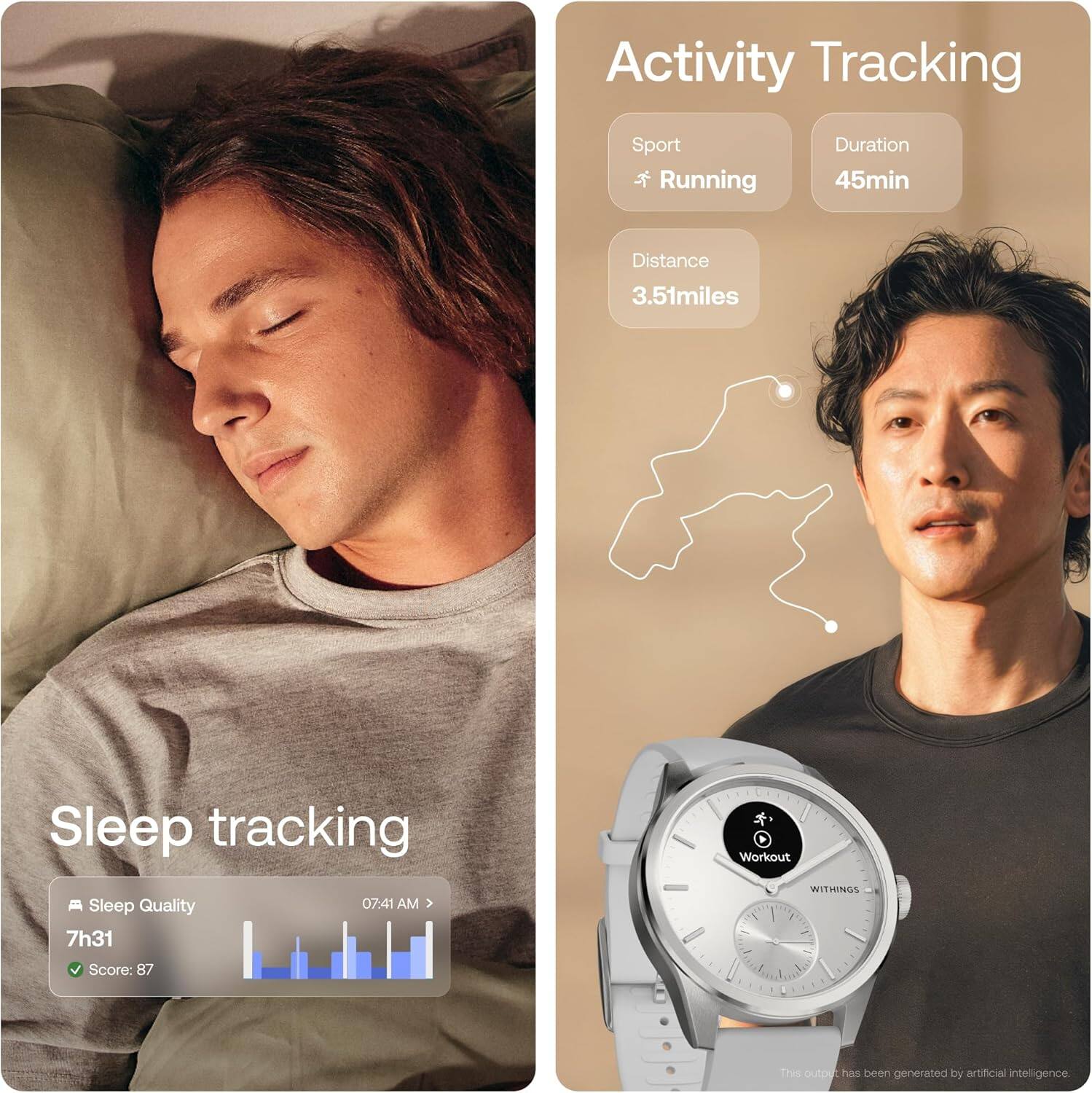 Activity Tracking  
Sport: Running  
Duration: 45min  
Distance: 3.51miles  

Sleep tracking  
Sleep Quality: 7h31  
Score: 87  

Workout WITHINGS  

This output has been generated by artificial intelligence