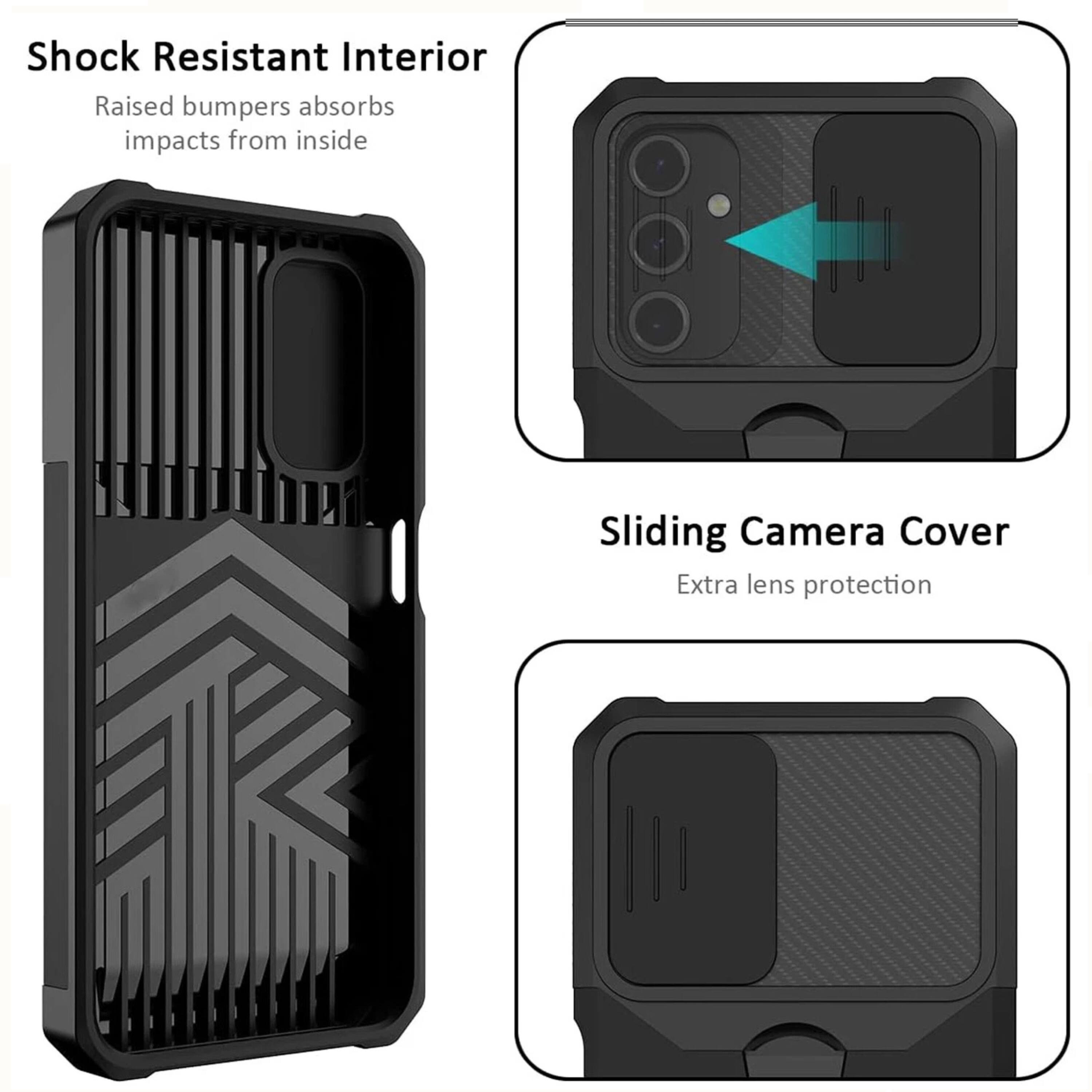 Shock Resistant Interior  
Raised bumpers absorb impacts from inside  

Sliding Camera Cover  
Extra lens protection