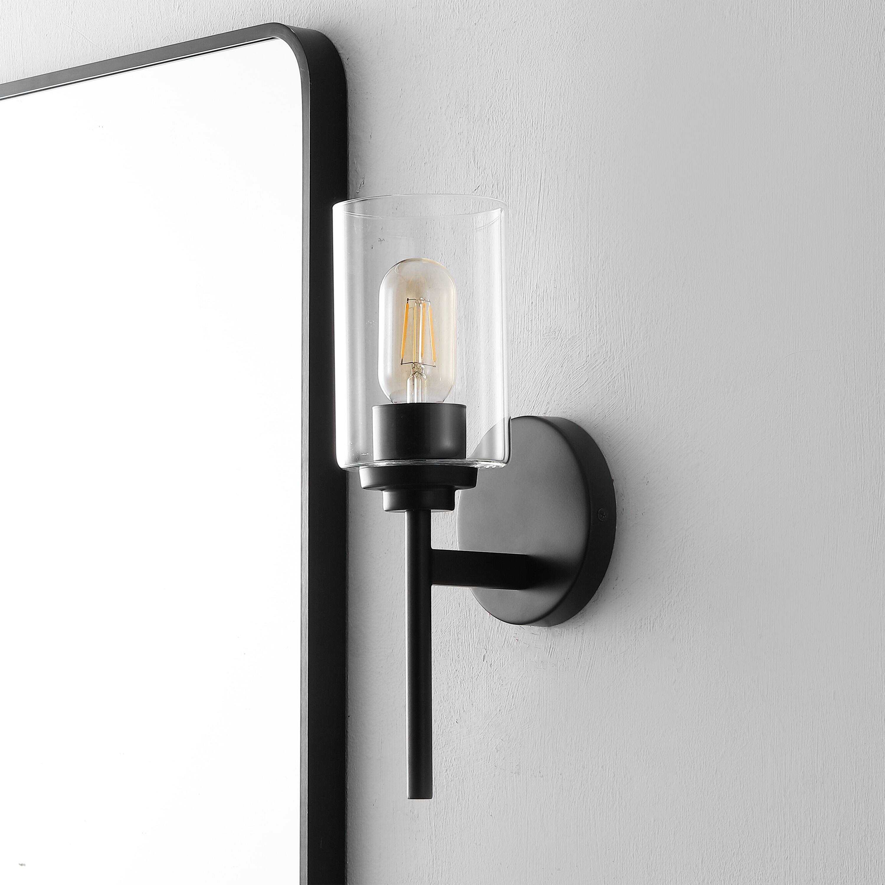 Alt View 5. Jonathan Y - Juno 13" 1-Light Farmhouse Industrial Metal/Glass Cylinder LED Sconce, Black/Clear - Black/Clear.