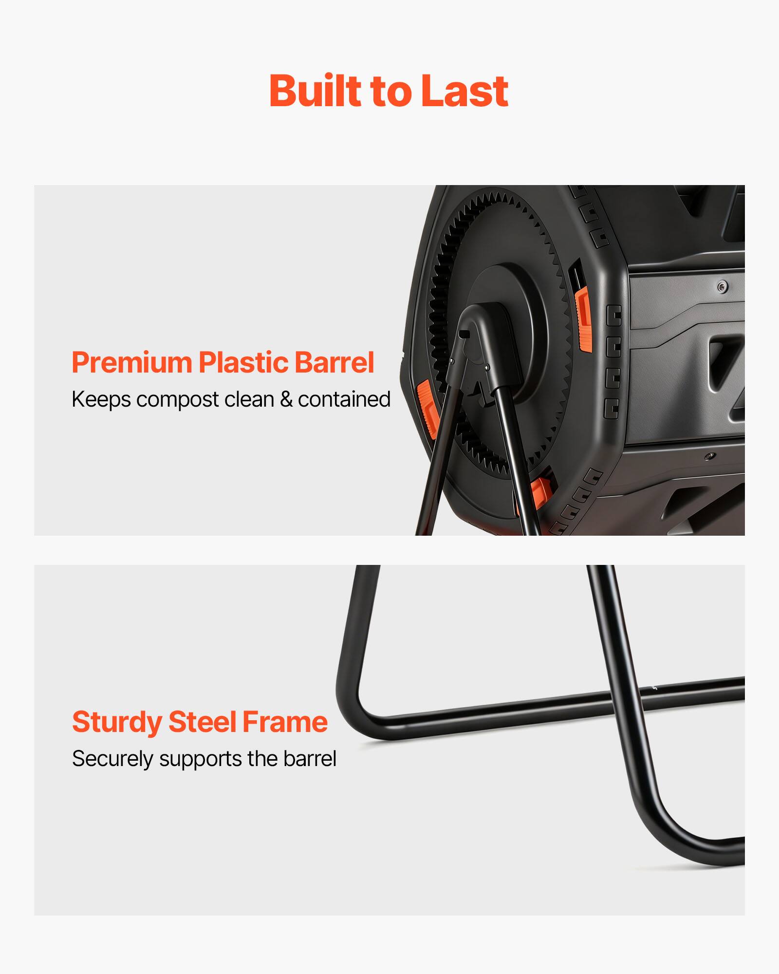 Built to Last

Premium Plastic Barrel  
Keeps compost clean & contained

Sturdy Steel Frame  
Securely supports the barrel