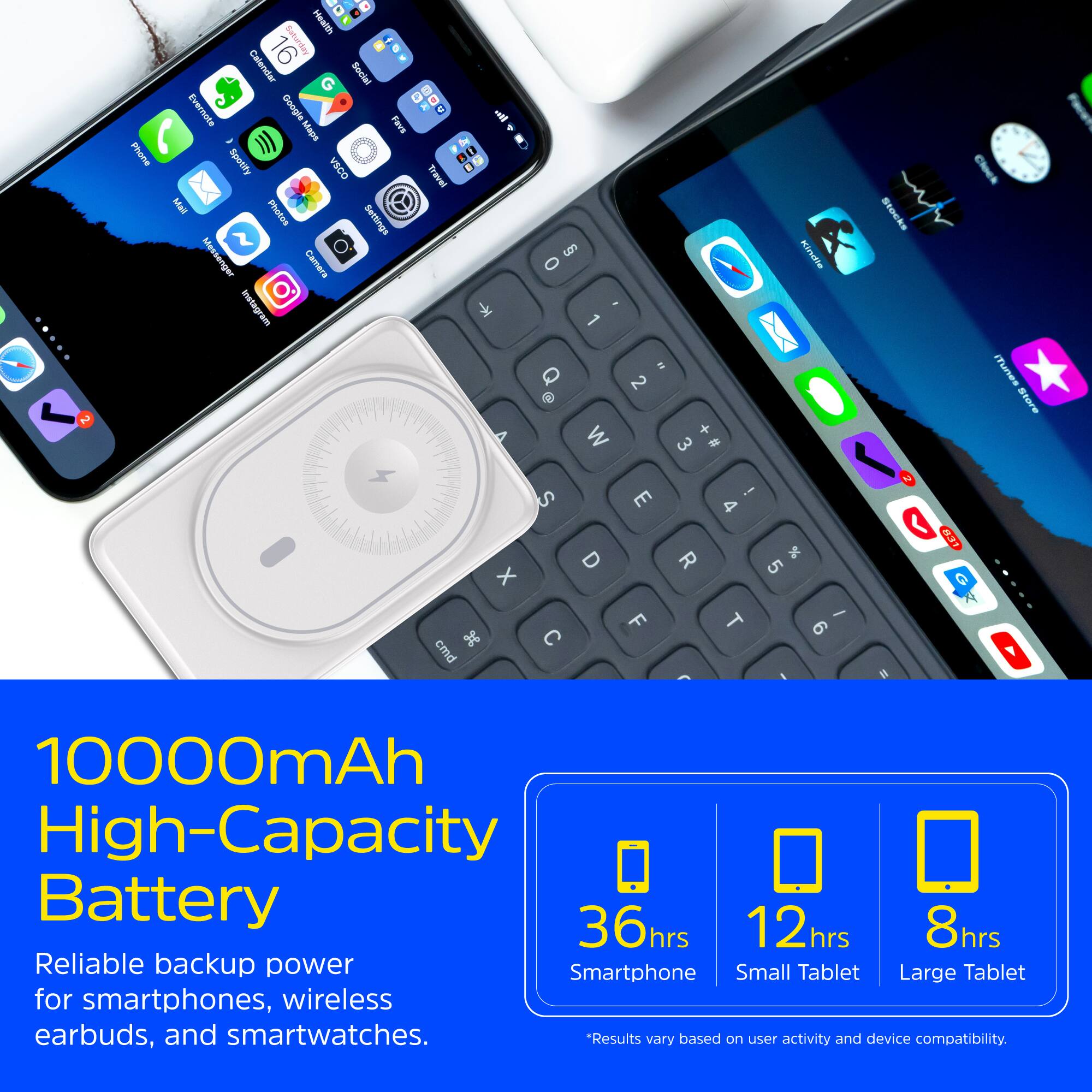 Phone - Health 16 1 Saturday Calendar G Social Evernote Gangle Magrs Faus - ) Spotify COSA E Photos Settings N Messenger Camera Instagram . by taal & con 1 Q  W a 2 + 3  P Stocks Clock iTunes Store x 3 cmd S C D E F R ! 4  5 - T 9 . I ES 10000mAh High-Capacity Battery 36hrs 12hrs 8hrs Reliable backup power Smartphone Small Tablet Large Tablet for smartphones, wireless earbuds, and smartwatches. "Results vary based on user activity and device compatibility.