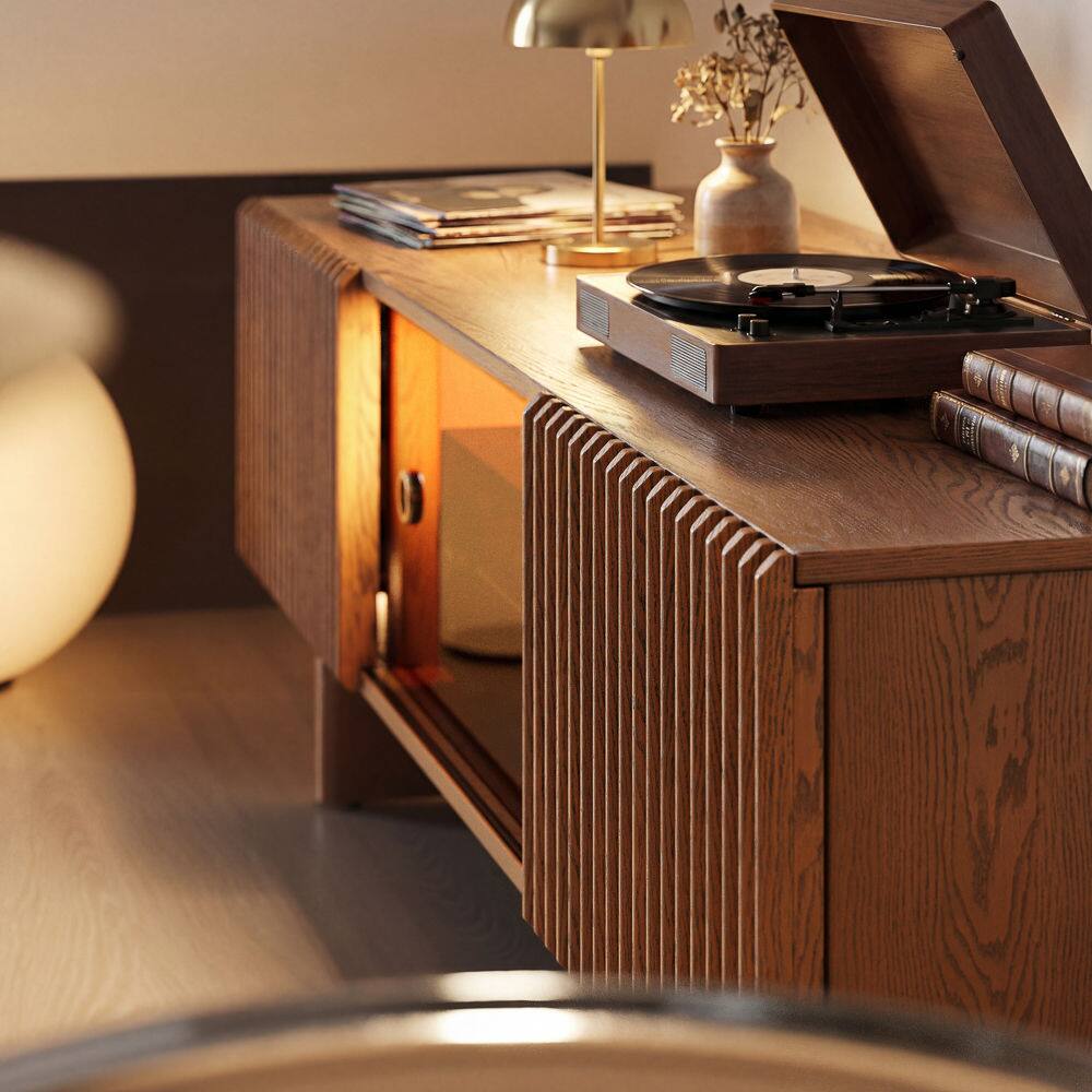 Left. POVISON - 79" Mid-Century Modern TV Stand with storage - Walnut Color.