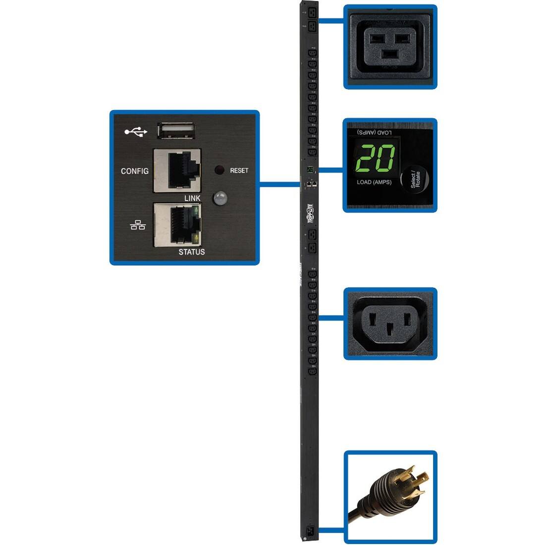 CONFIG  
LINK  
RESET  
TRIPP-LITE  
LOAD 20 LOAD (AMPS)  
Select  
Rotate  
STATUS