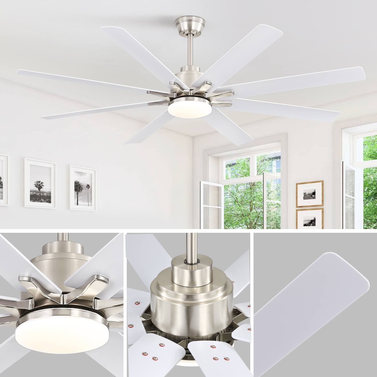 Alt View 5. Sofucor - 66" Windmill Smart APP Ceiling Fan with Lights and Remote 3 Downrod Indoor Farmhouse Ceiling Fans for Kitchen Bedroom - Nickel White.