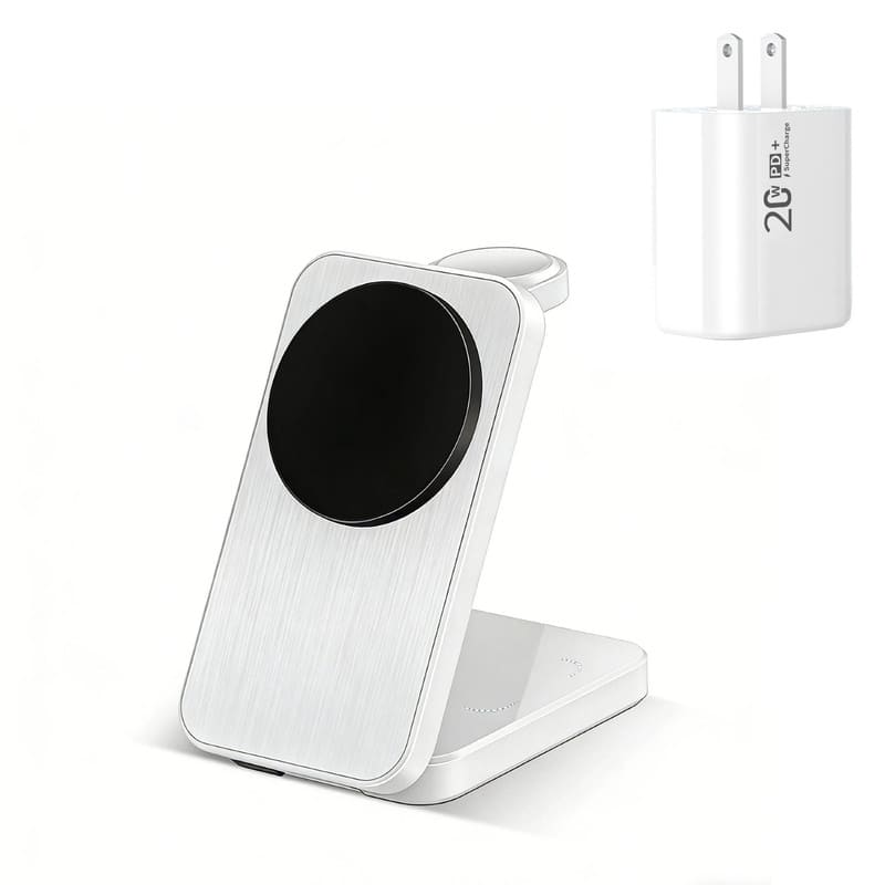 RISOKEYS - Magnetic 3-in-1 Wireless Charger with Charging Port - Fast Charging Station, Phone Stand Compatible with Apple iPhone 12 - White